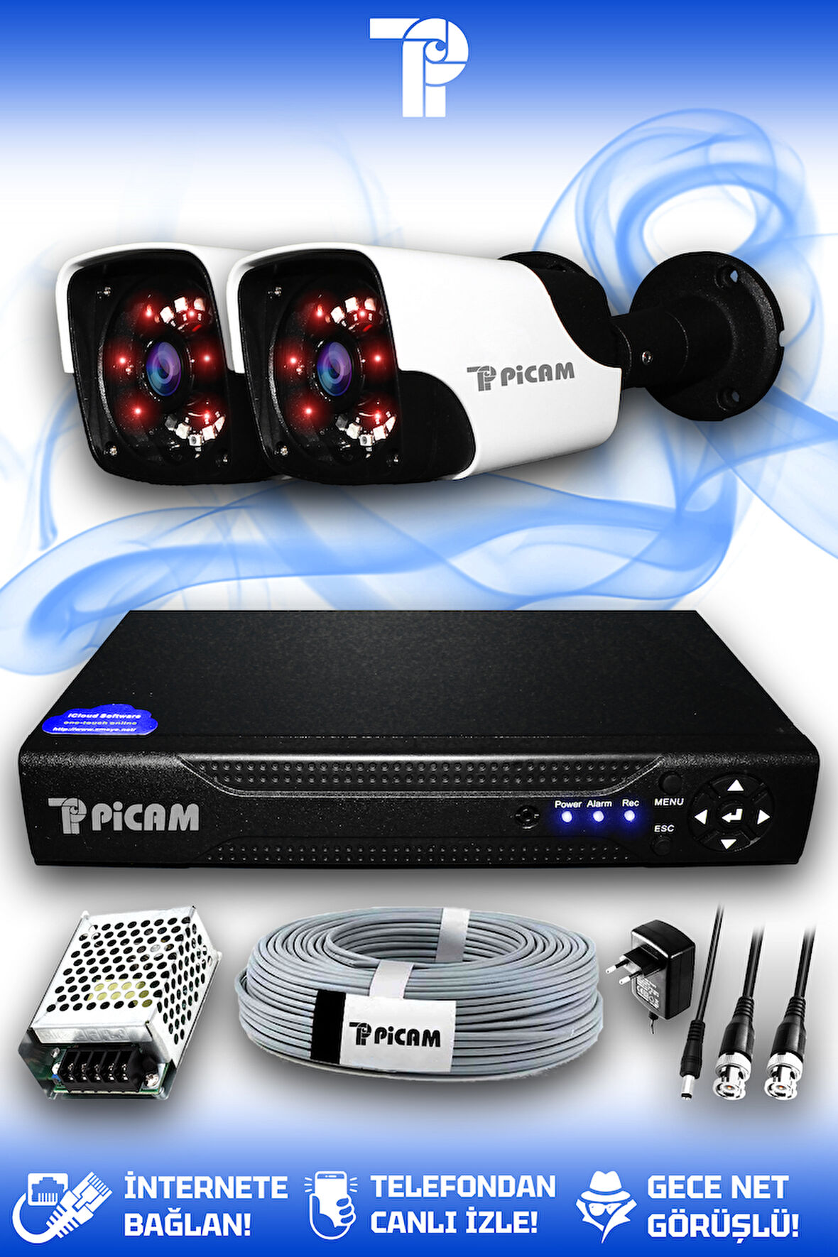 PICAM 2 Kameralı Panda 2 Dış Kamera Set HDD'siz Full HD Gece Görüşlü Güvenlik Kamerası Sistemi