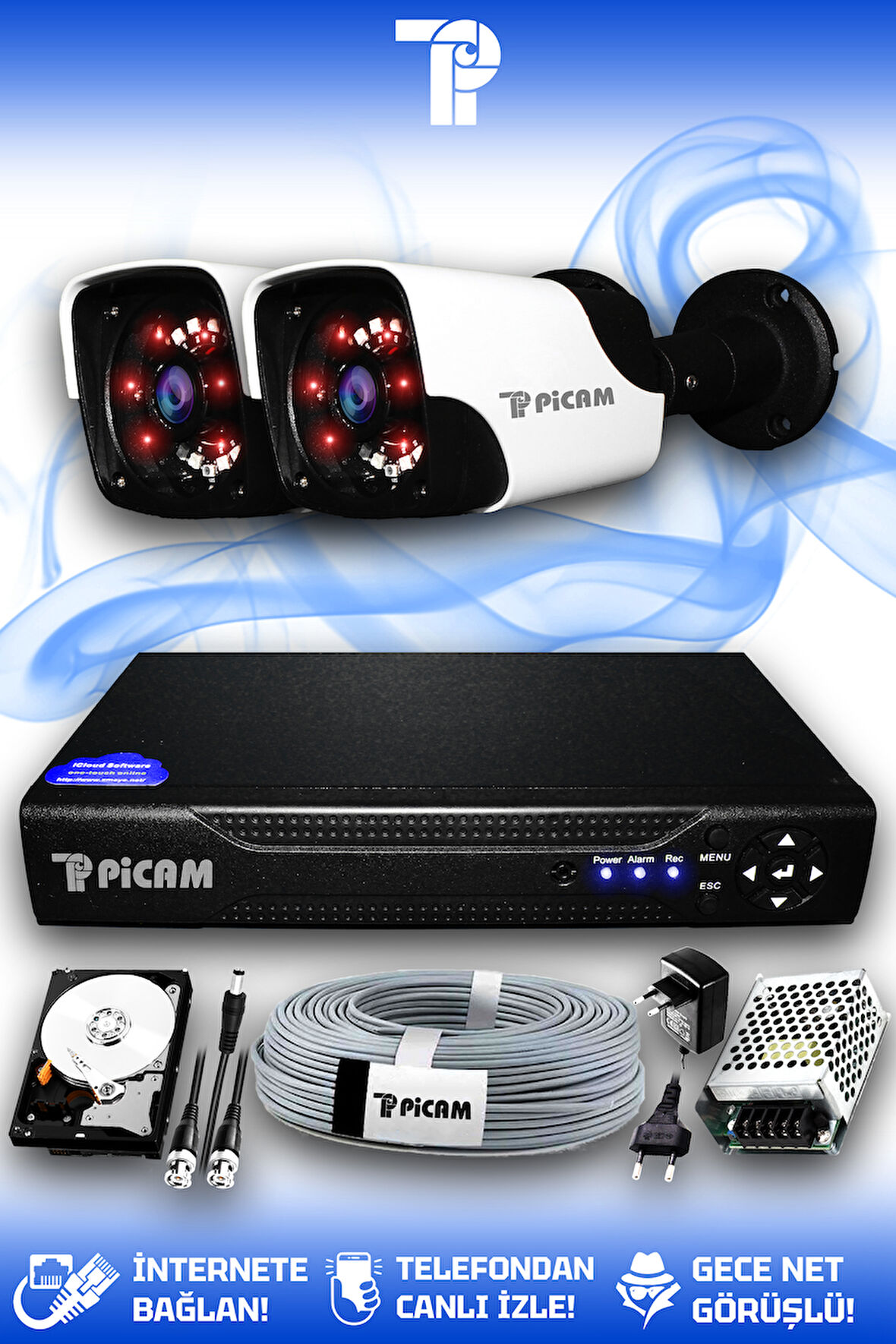 PICAM 2 Kameralı Panda 2 Dış Kamera Set 100 GB HDD Full HD Gece Görüşlü Güvenlik Kamerası Sistemi