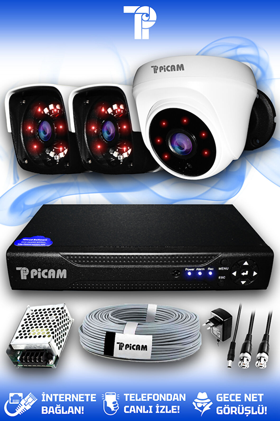 PICAM 3 Kameralı Panda 1 İç Kamera Set HDD'siz Full HD Gece Görüşlü Güvenlik Kamerası Sistemi