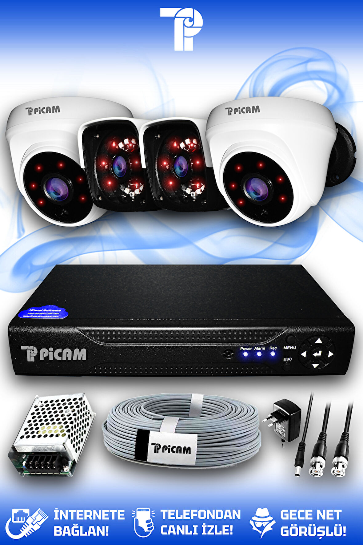PICAM 4 Kameralı Panda 2 İç Kamera Set HDD'siz Full HD Gece Görüşlü Güvenlik Kamerası Sistemi