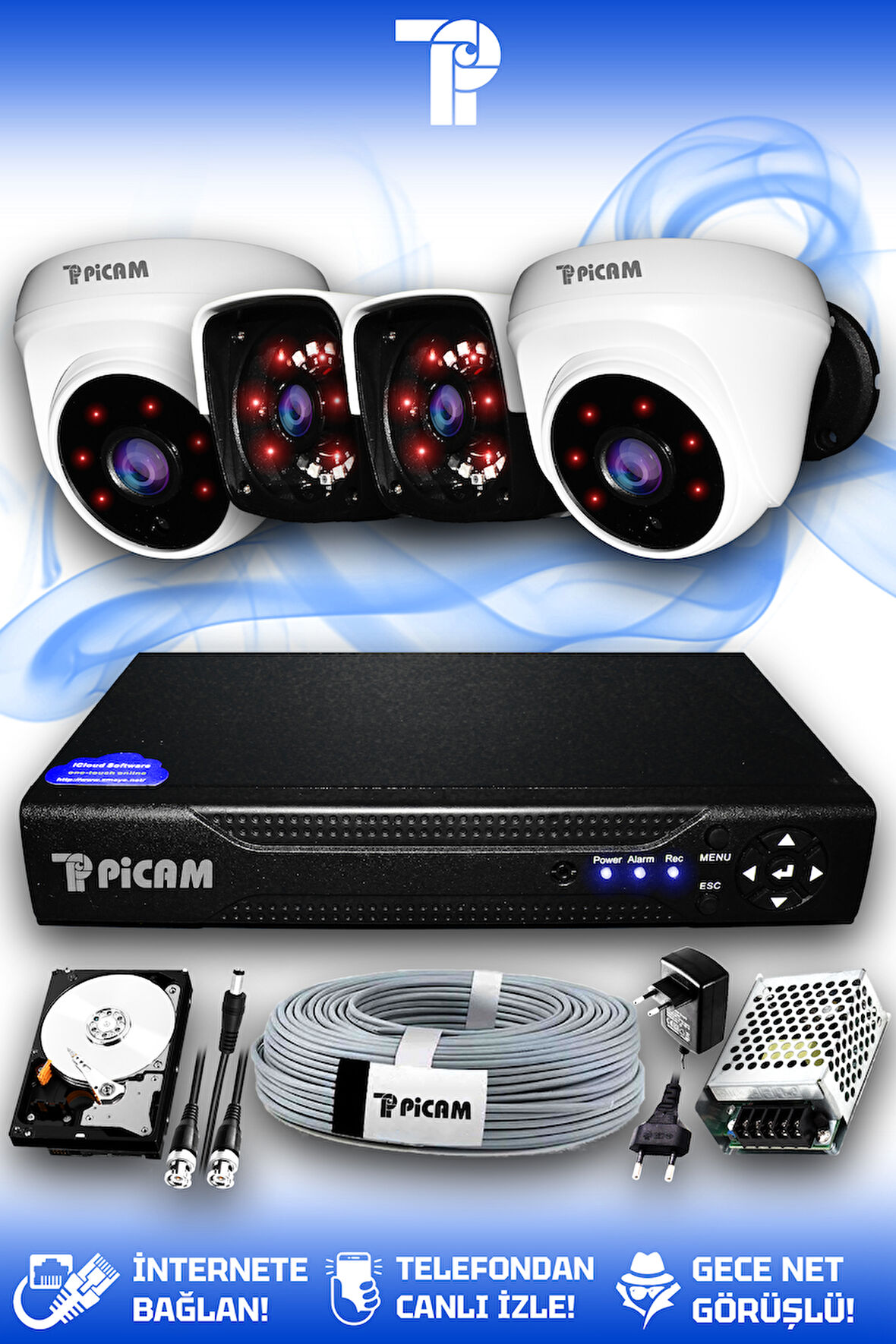 PICAM 4 Kameralı Panda 2 İç Kamera Set 320 GB HDD Full HD Gece Görüşlü Güvenlik Kamerası Sistemi