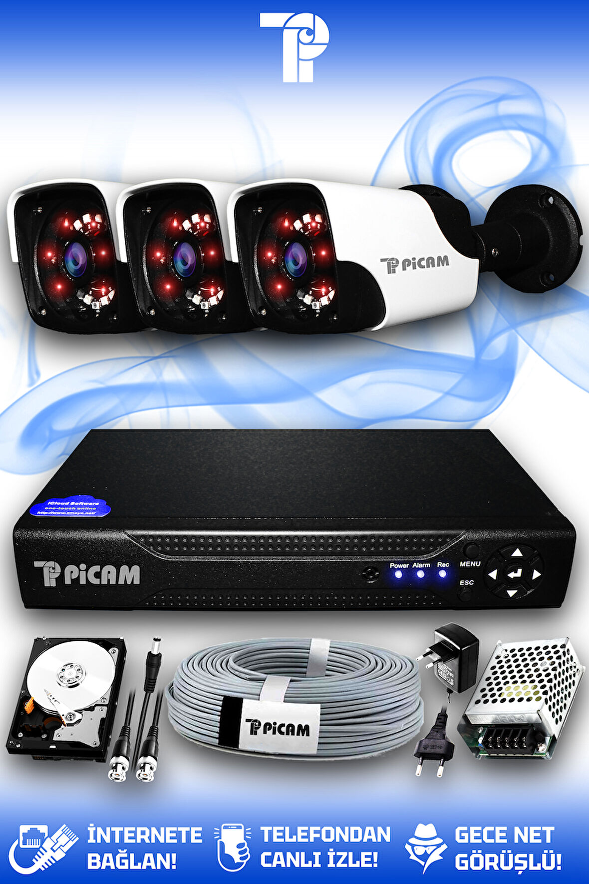 PICAM 3 Kameralı Panda 3 Dış Kamera Set 100 GB HDD Full HD Gece Görüşlü Güvenlik Kamerası Sistemi