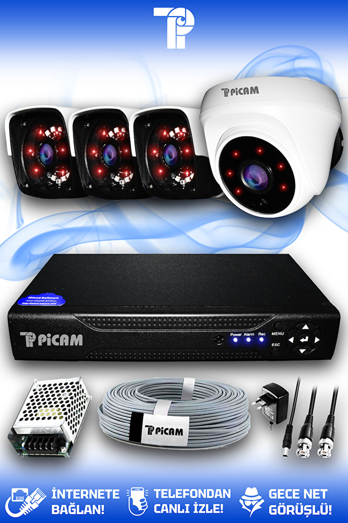PICAM 4 Kameralı Panda 1 İç Kamera Set HDD'siz Full HD Gece Görüşlü Güvenlik Kamerası Sistemi