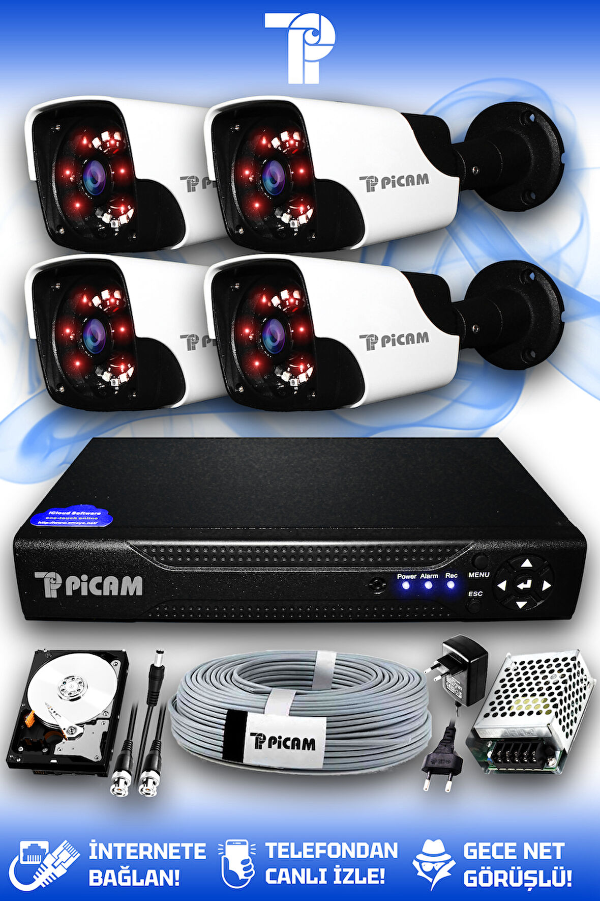 PICAM 4 Kameralı Panda 4 Dış Kamera Set 320 GB HDD Full HD Gece Görüşlü Güvenlik Kamerası Sistemi