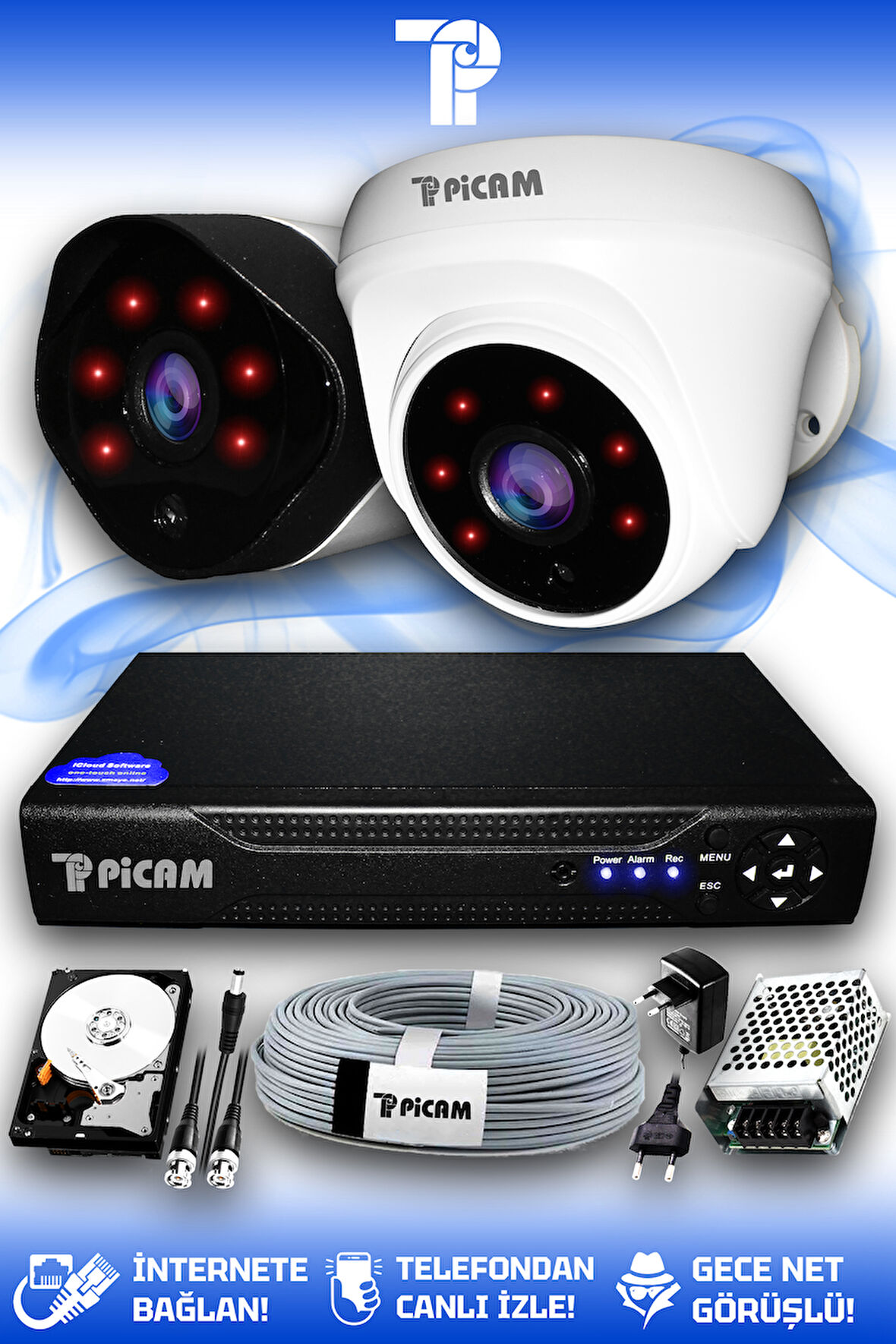 PICAM 2 Kameralı Uzay 1 İç Kamera Set 320 GB HDD Full HD Gece Görüşlü Güvenlik Kamerası Sistemi