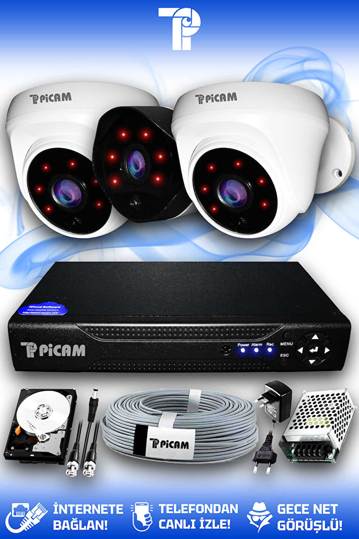 PICAM 3 Kameralı Uzay 2 İç Kamera Set 500 GB HDD Full HD Gece Görüşlü Güvenlik Kamerası Sistemi