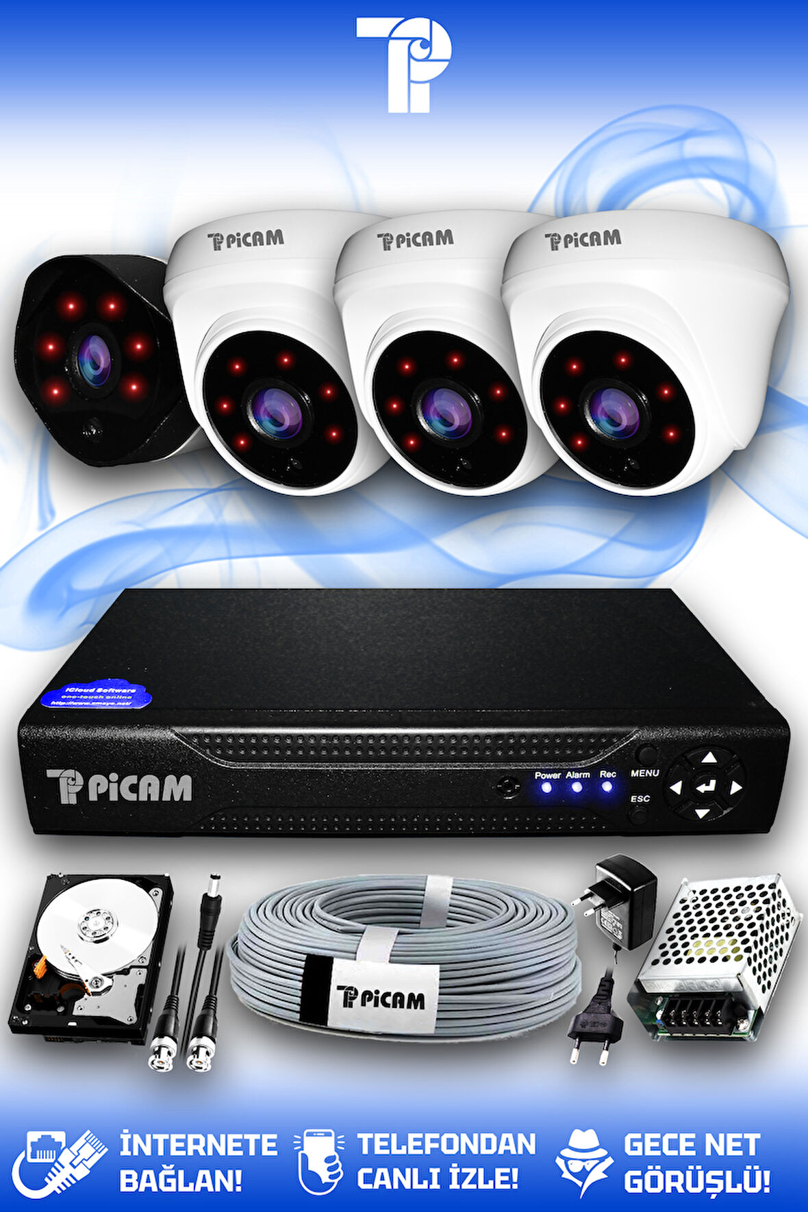 PICAM 4 Kameralı Uzay 3 İç Kamera Set 100 GB HDD Full HD Gece Görüşlü Güvenlik Kamerası Sistemi