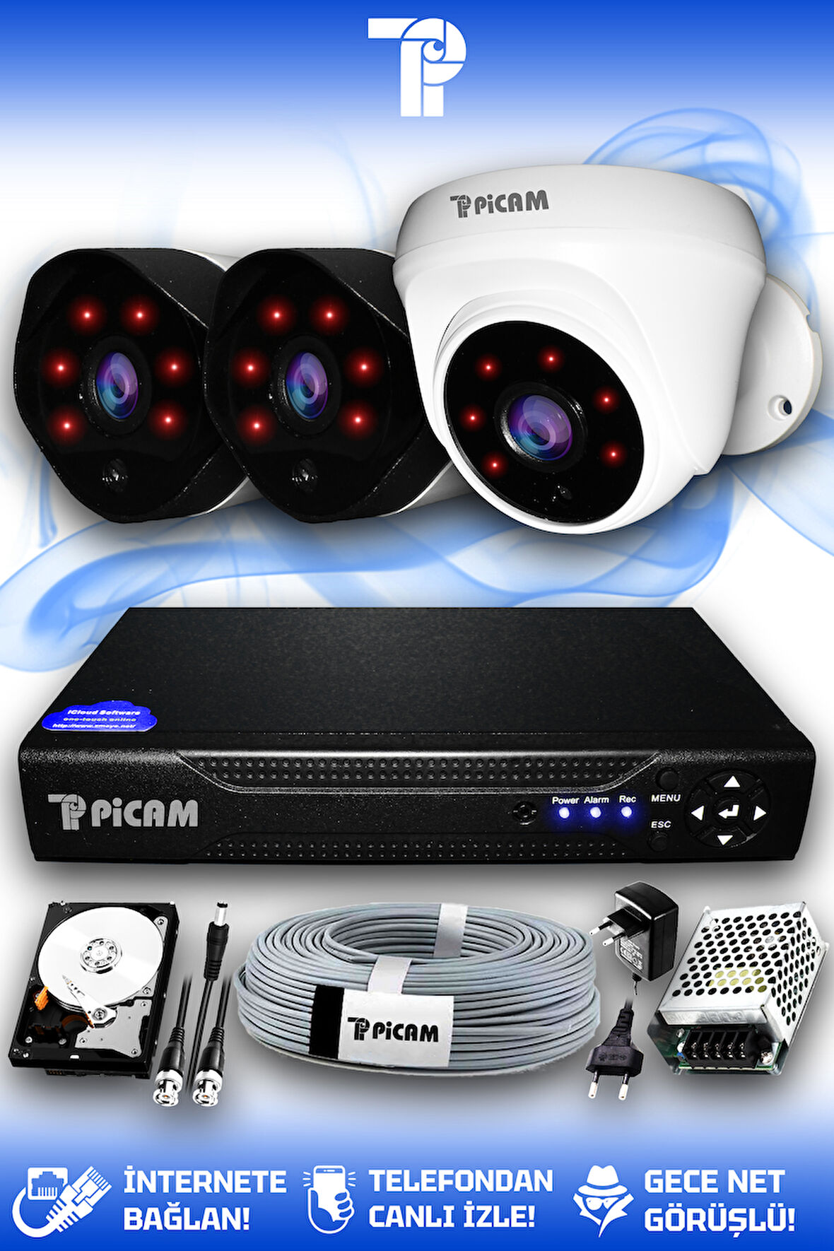 PICAM 3 Kameralı Uzay 1 İç Kamera Set 250 GB HDD Full HD Gece Görüşlü Güvenlik Kamerası Sistemi