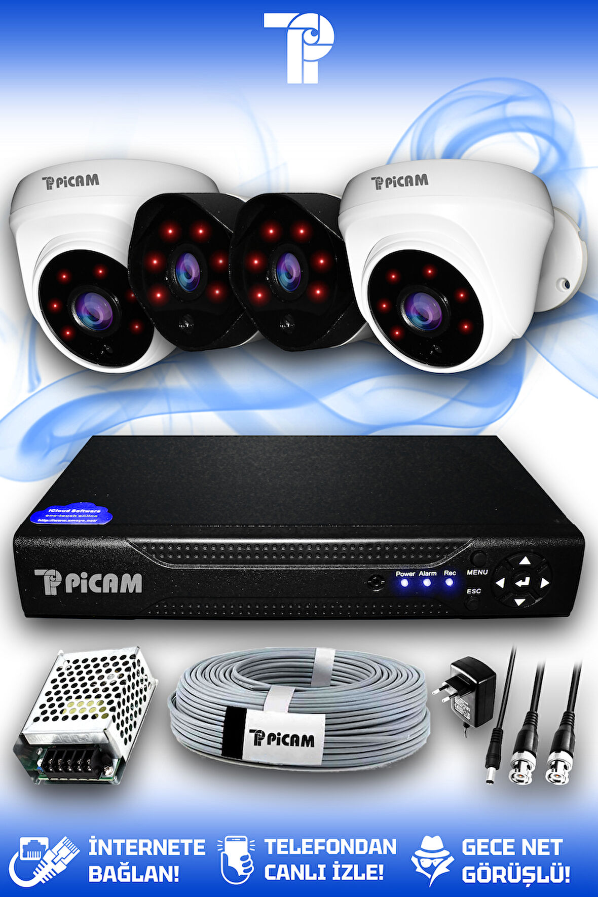 PICAM 4 Kameralı Uzay 2 İç Kamera Set HDD'siz Full HD Gece Görüşlü Güvenlik Kamerası Sistemi