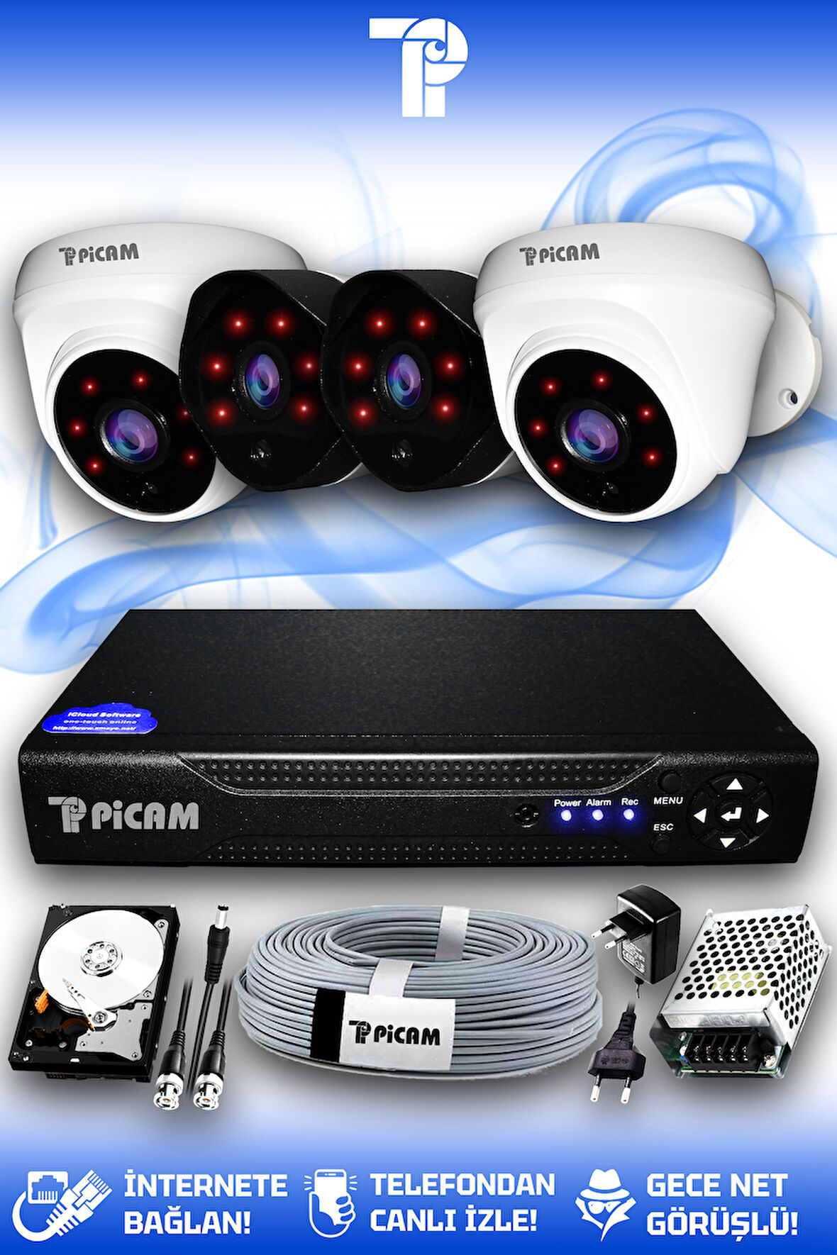 PICAM 4 Kameralı Uzay 2 İç Kamera Set 100 GB HDD Full HD Gece Görüşlü Güvenlik Kamerası Sistemi