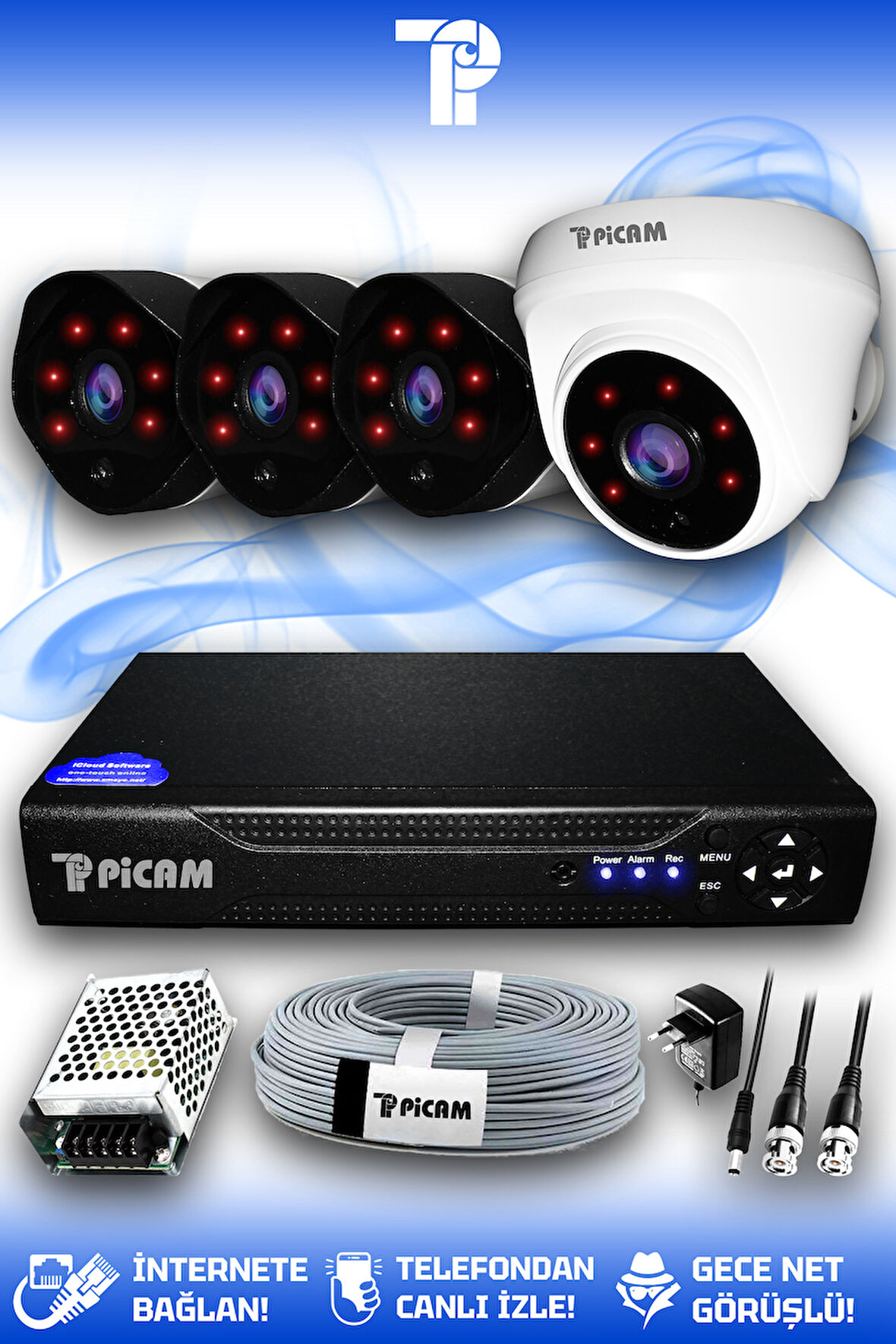 PICAM 4 Kameralı Uzay 1 İç Kamera Set HDD'siz Full HD Gece Görüşlü Güvenlik Kamerası Sistemi