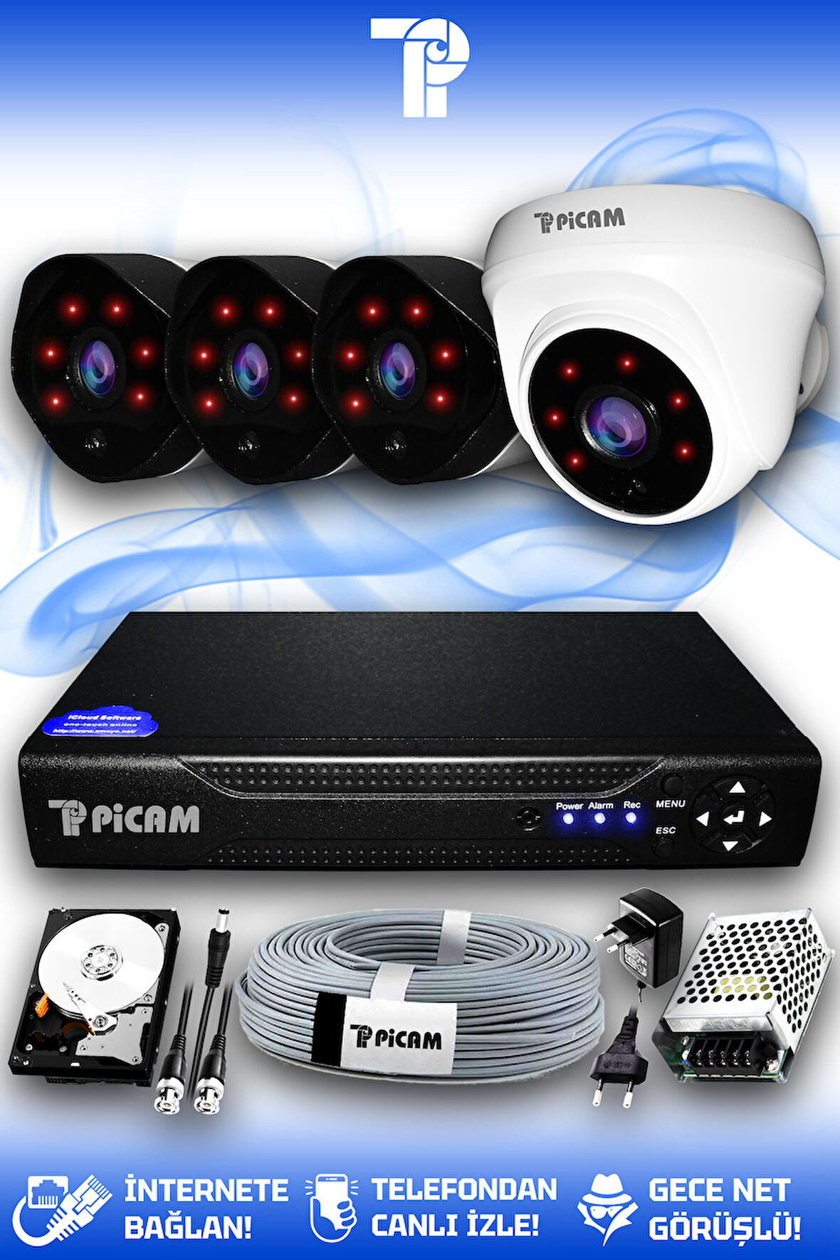PICAM 4 Kameralı Uzay 1 İç Kamera Set 100 GB HDD Full HD Gece Görüşlü Güvenlik Kamerası Sistemi