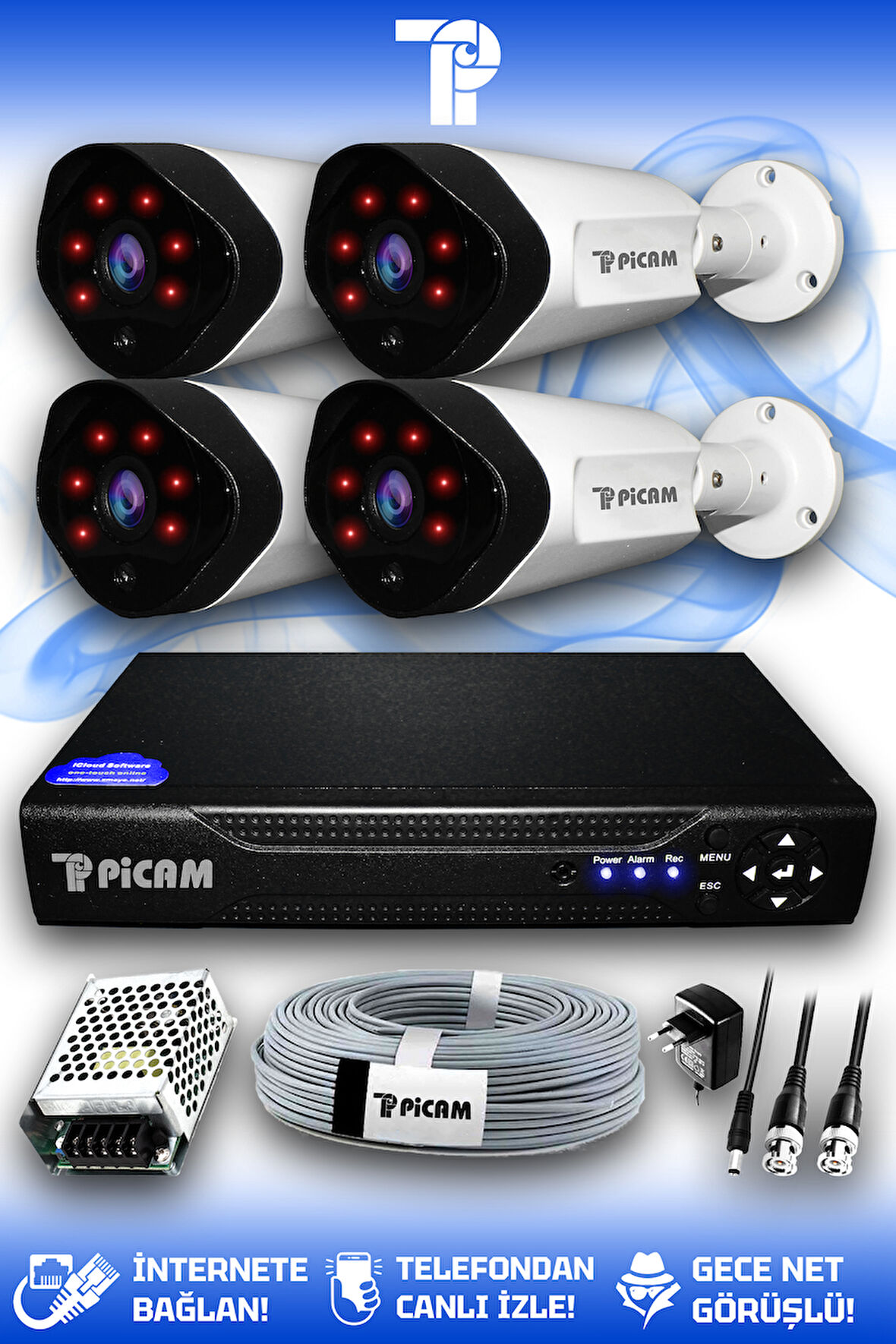 PICAM 4 Kameralı Uzay 4 Dış Kamera Set HDD'siz Full HD Gece Görüşlü Güvenlik Kamerası Sistemi