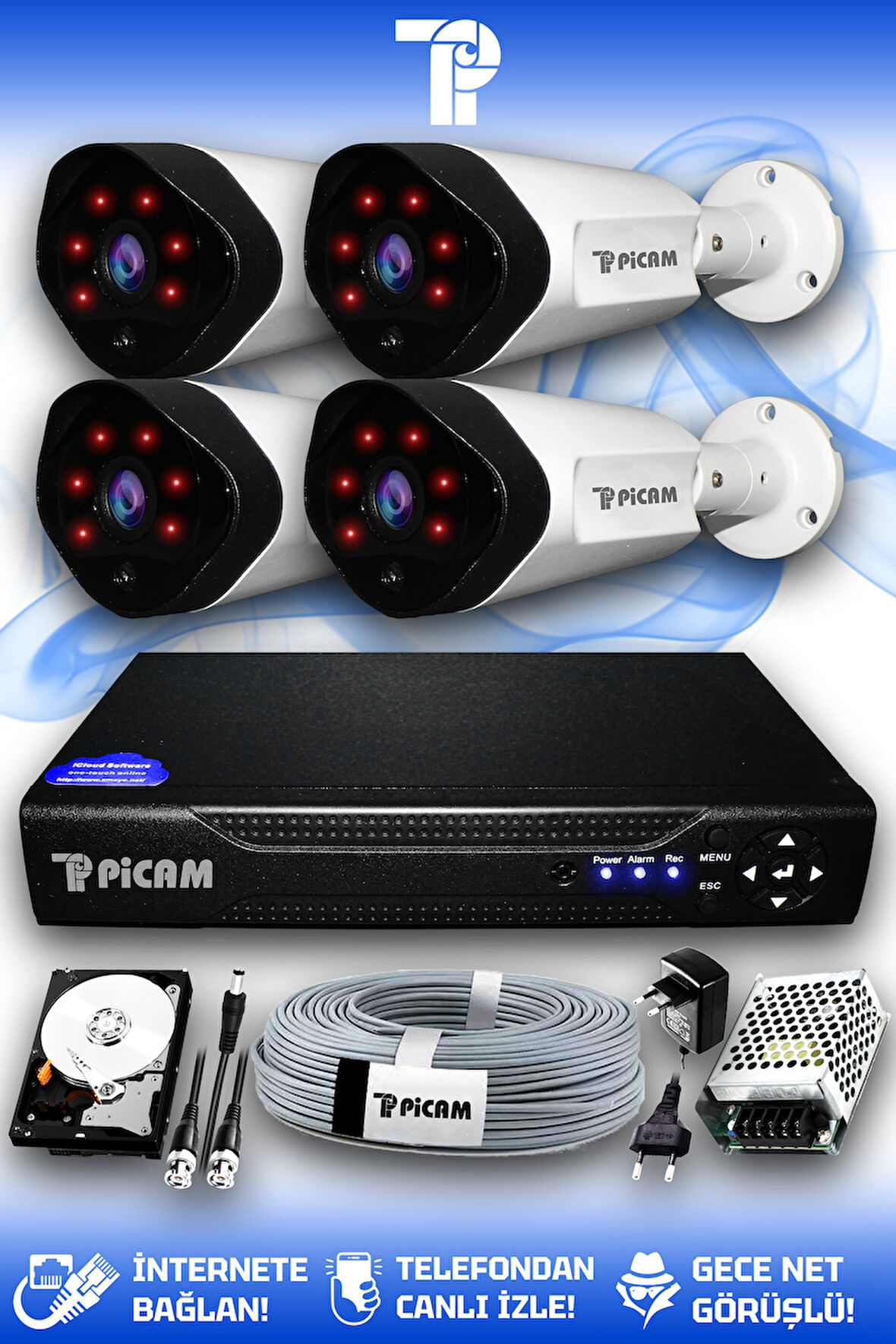 PICAM 4 Kameralı Uzay 4 Dış Kamera Set 100 GB HDD Full HD Gece Görüşlü Güvenlik Kamerası Sistemi