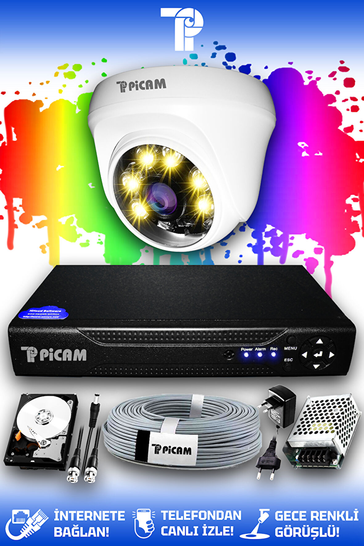 PICAM 1 Kameralı Dome 1 İç Kamera Set 1 TB HDD Full HD Renkli Gece Görüşlü Güvenlik Kamerası Sistemi