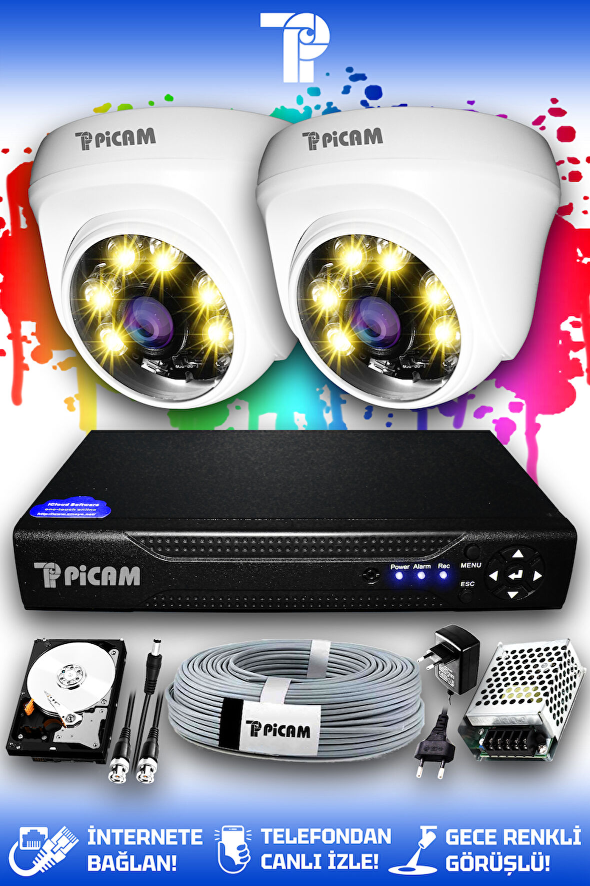 PICAM 2 Kameralı Dome 2 İç Kamera Set 320 GB HDD Full HD Renkli Gece Görüşlü Güvenlik Kamerası Sistemi
