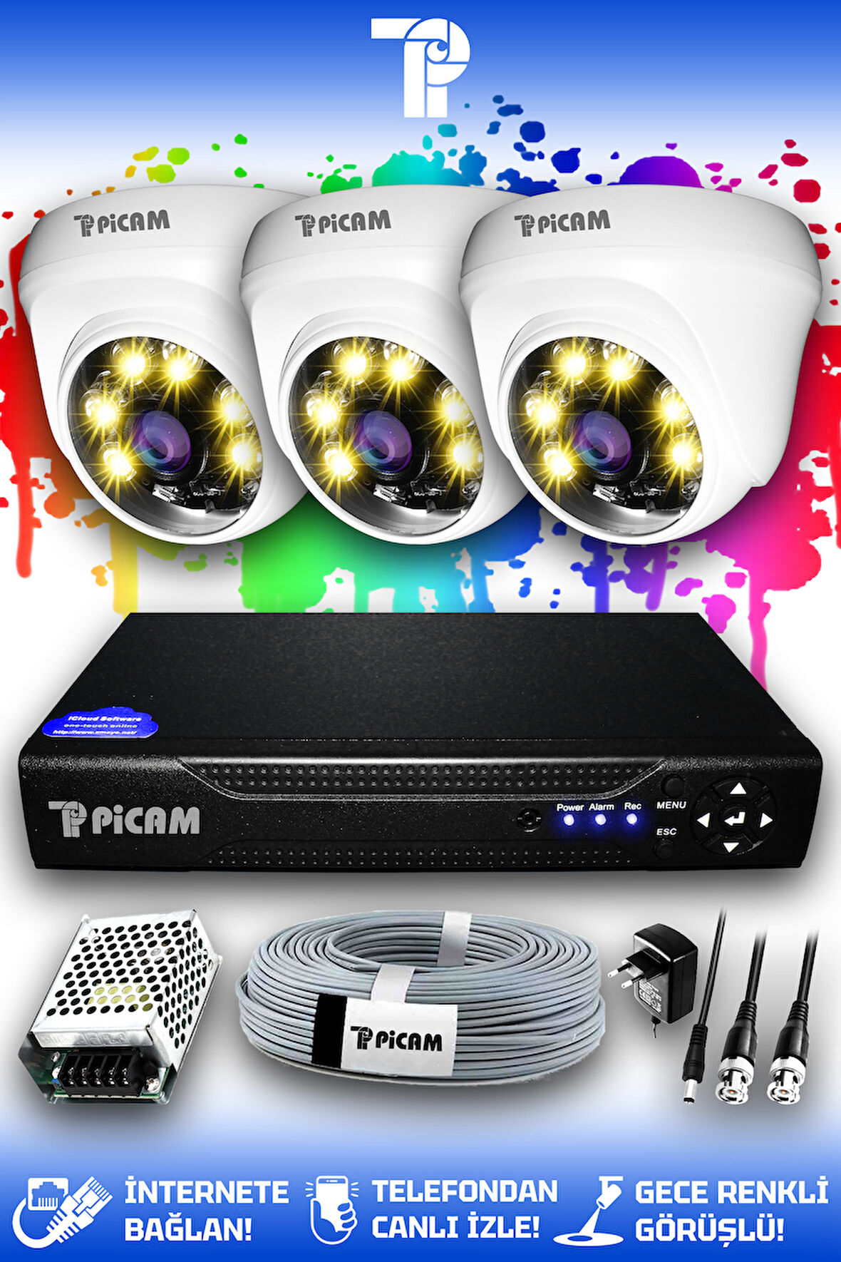 PICAM 3 Kameralı Dome 3 İç Kamera Set HDD'siz Full HD Renkli Gece Görüşlü Güvenlik Kamerası Sistemi