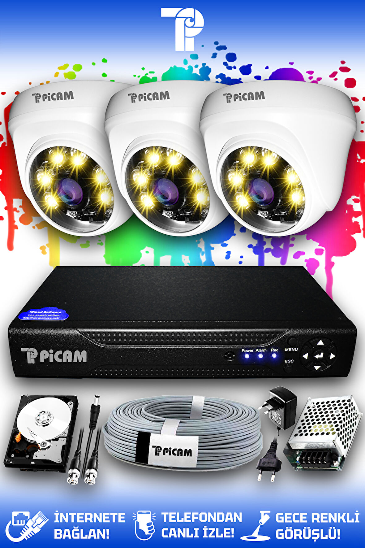 PICAM 3 Kameralı Dome 3 İç Kamera Set 250 GB HDD Full HD Renkli Gece Görüşlü Güvenlik Kamerası Sistemi