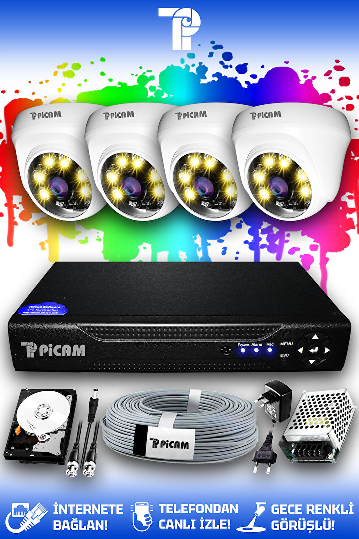 PICAM 4 Kameralı Dome 4 İç Kamera Set 1 TB HDD Full HD Renkli Gece Görüşlü Güvenlik Kamerası Sistemi