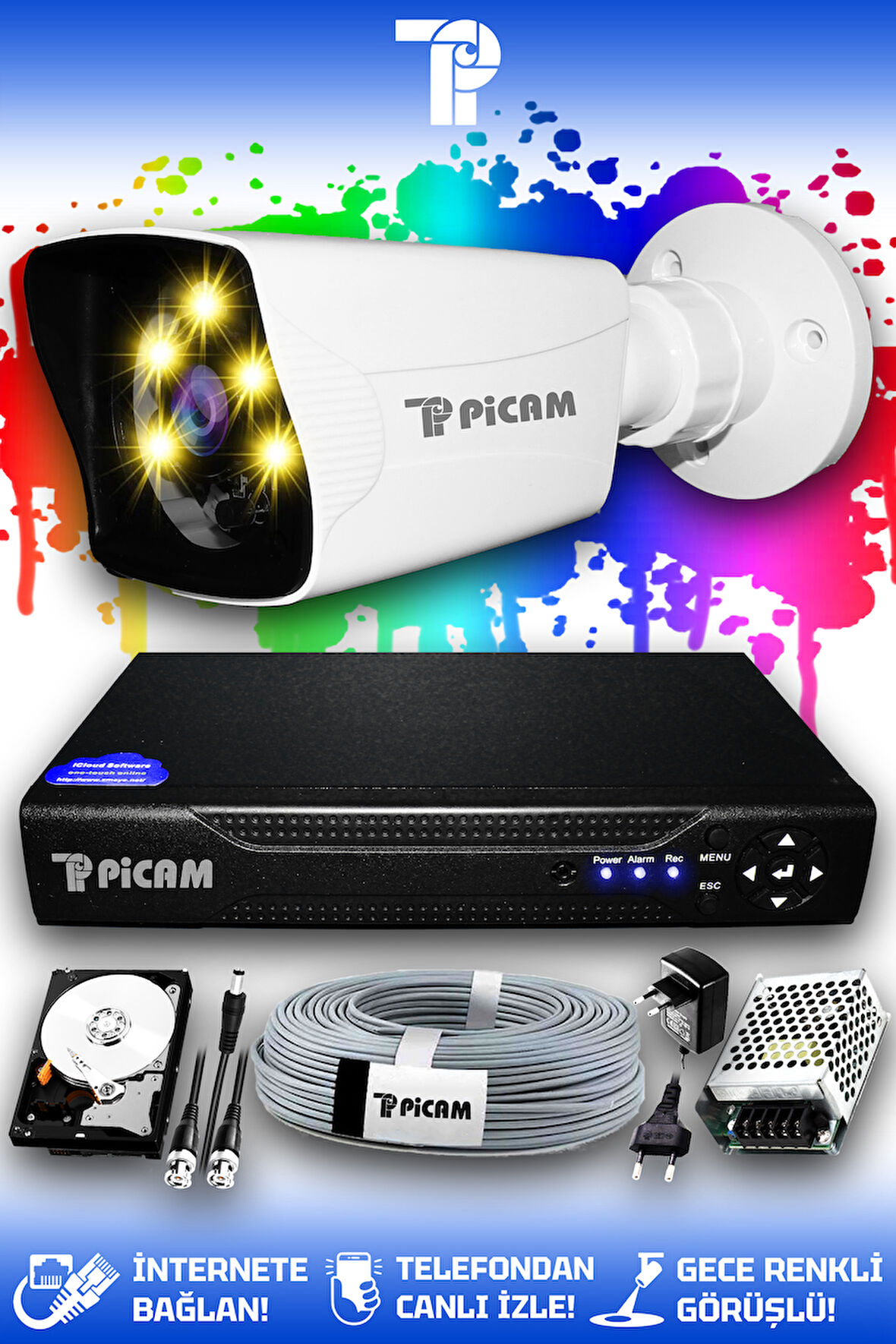 PICAM 1 Kameralı Kare 1 Dış Kamera Set 500 GB HDD Full HD Renkli Gece Görüşlü Güvenlik Kamerası Sistemi