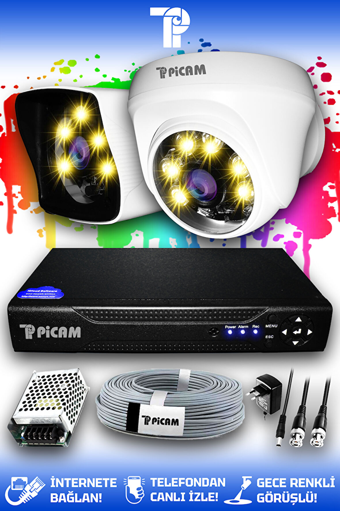 PICAM 2 Kameralı Kare 1 İç Kamera Set HDD'siz Full HD Renkli Gece Görüşlü Güvenlik Kamerası Sistemi