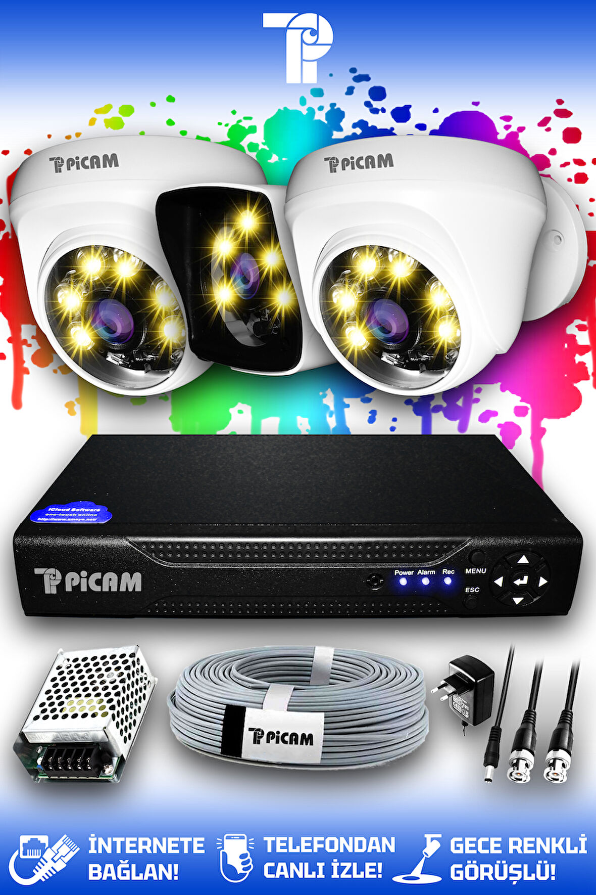 PICAM 3 Kameralı Kare 2 İç Kamera Set HDD'siz Full HD Renkli Gece Görüşlü Güvenlik Kamerası Sistemi