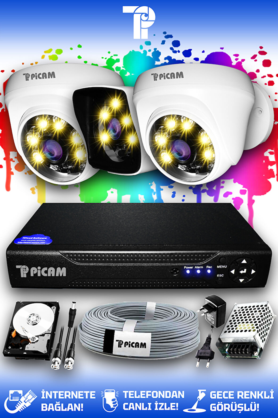 PICAM 3 Kameralı Kare 2 İç Kamera Set 100 GB HDD Full HD Renkli Gece Görüşlü Güvenlik Kamerası Sistemi