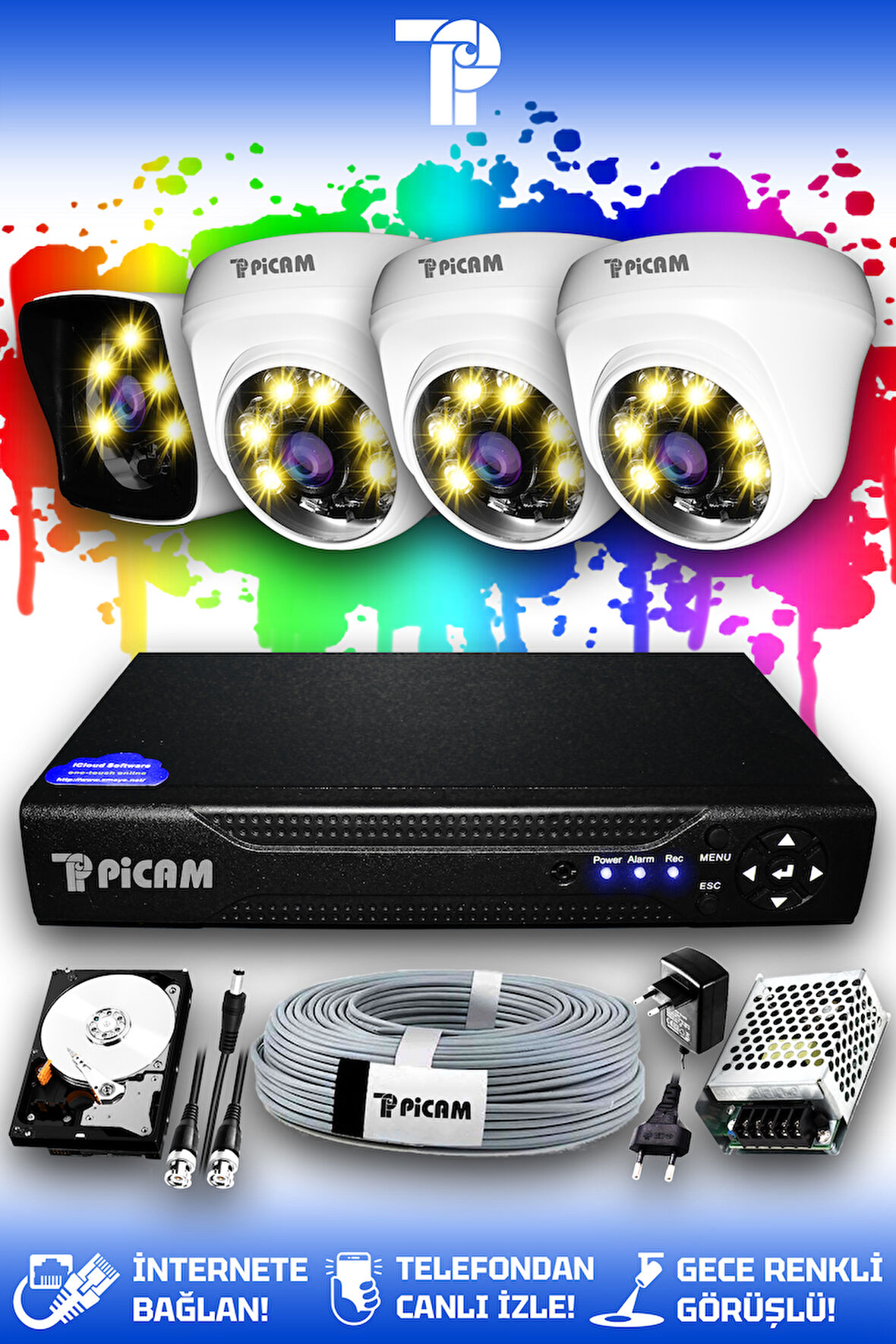 PICAM 4 Kameralı Kare 3 İç Kamera Set 100 GB HDD Full HD Renkli Gece Görüşlü Güvenlik Kamerası Sistemi