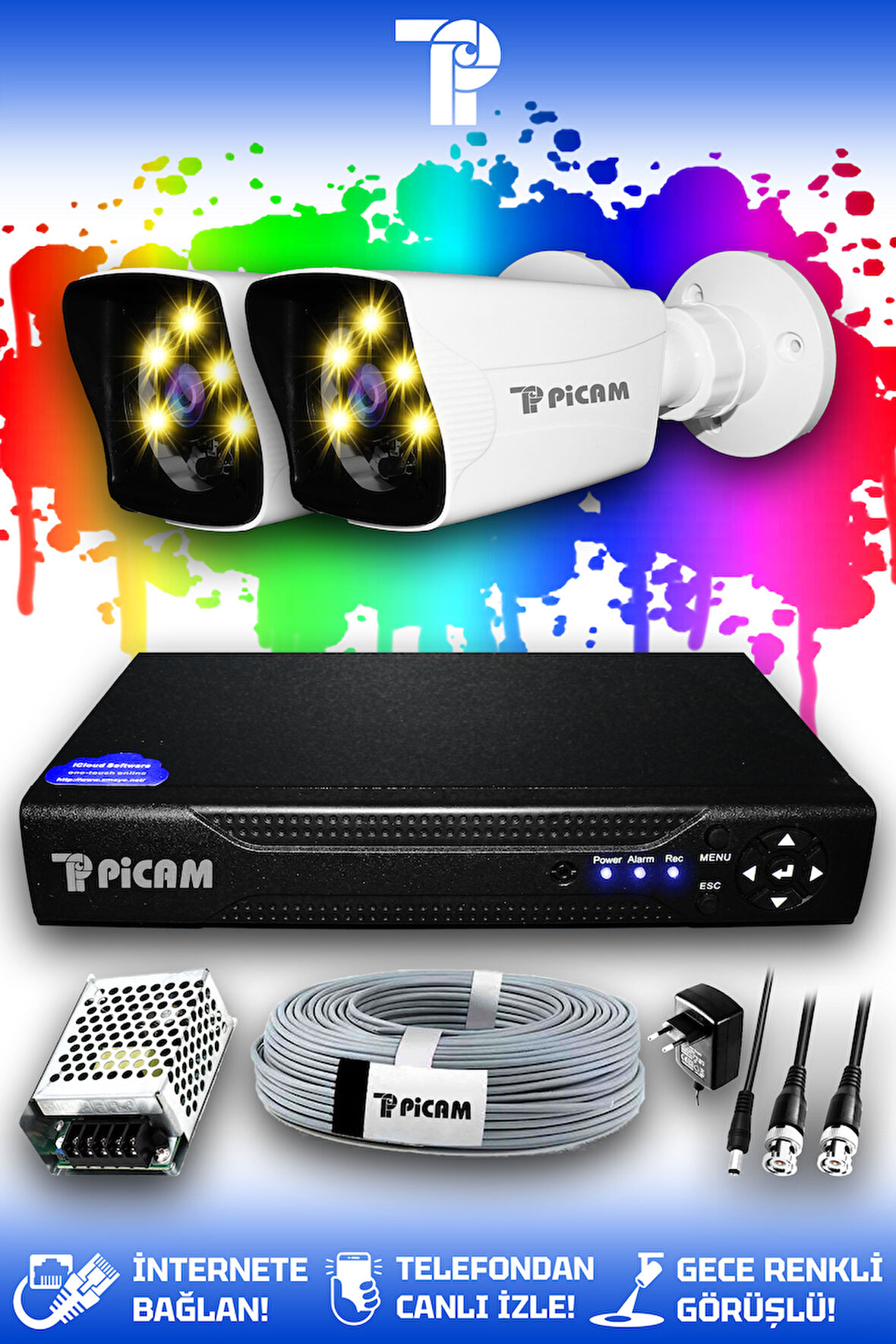 PICAM 2 Kameralı Kare 2 Dış Kamera Set HDD'siz Full HD Renkli Gece Görüşlü Güvenlik Kamerası Sistemi