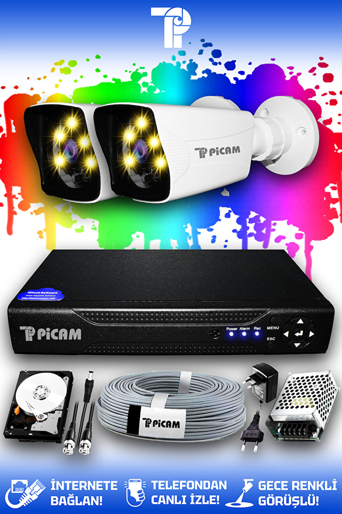PICAM 2 Kameralı Kare 2 Dış Kamera Set 320 GB HDD Full HD Renkli Gece Görüşlü Güvenlik Kamerası Sistemi
