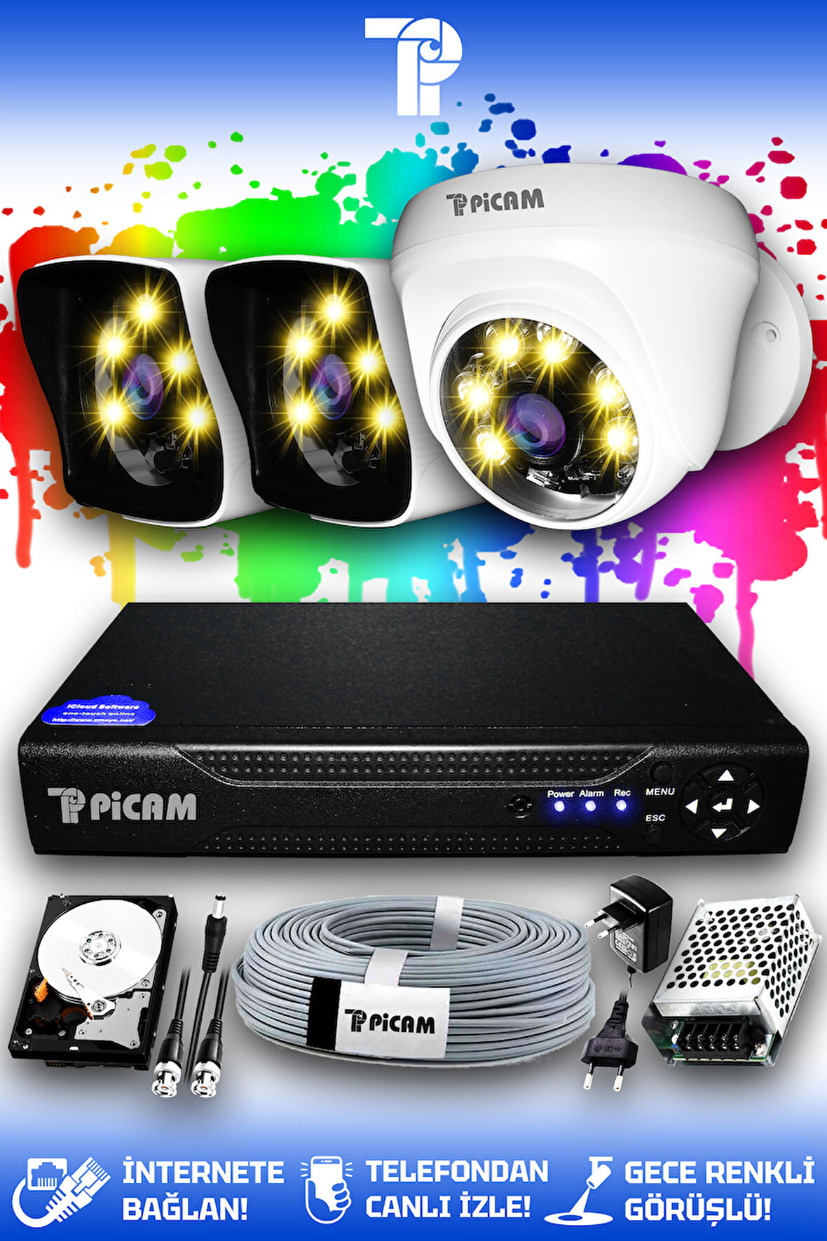 PICAM 3 Kameralı Kare 1 İç Kamera Set 320 GB HDD Full HD Renkli Gece Görüşlü Güvenlik Kamerası Sistemi