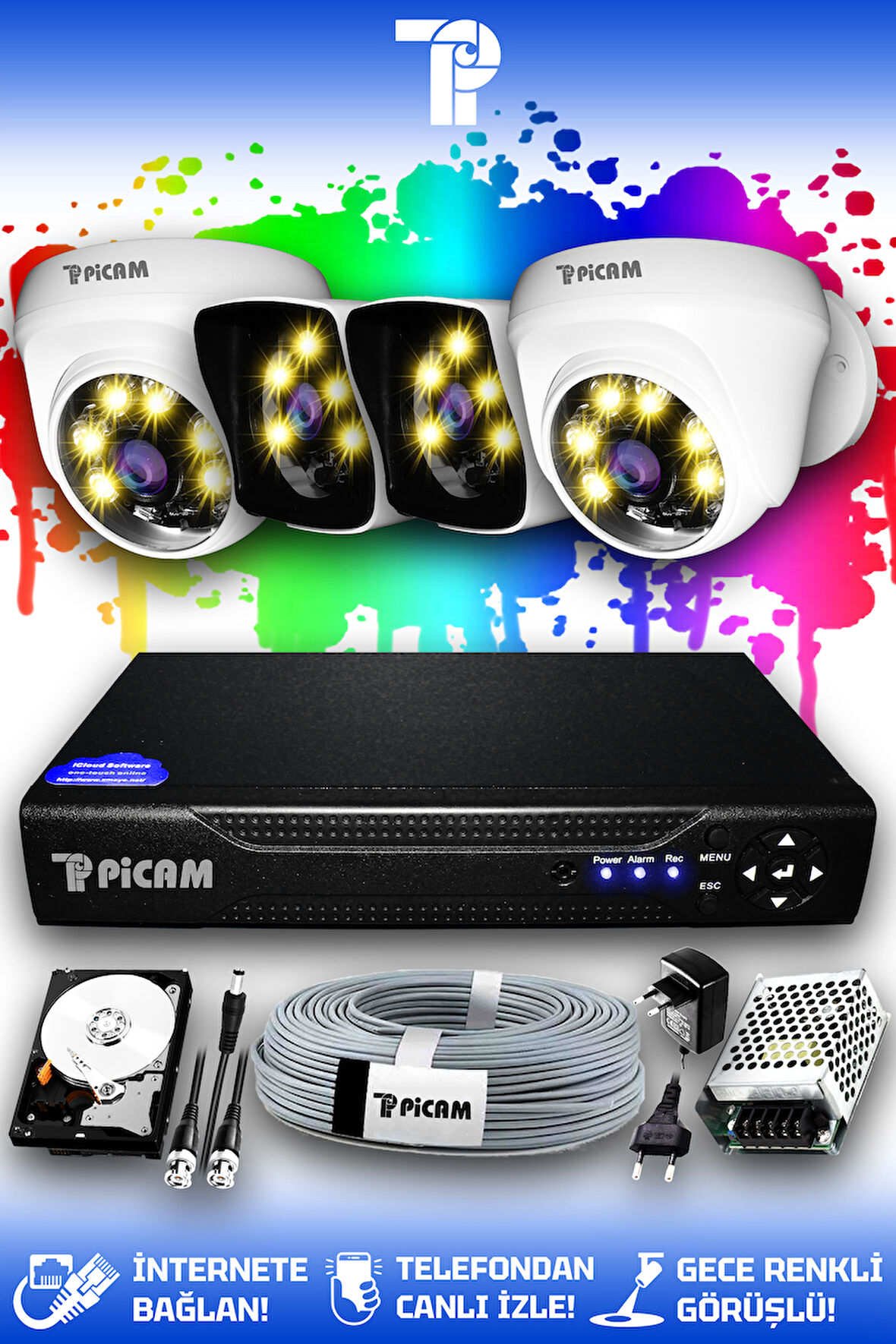 PICAM 4 Kameralı Kare 2 İç Kamera Set 1 TB HDD Full HD Renkli Gece Görüşlü Güvenlik Kamerası Sistemi