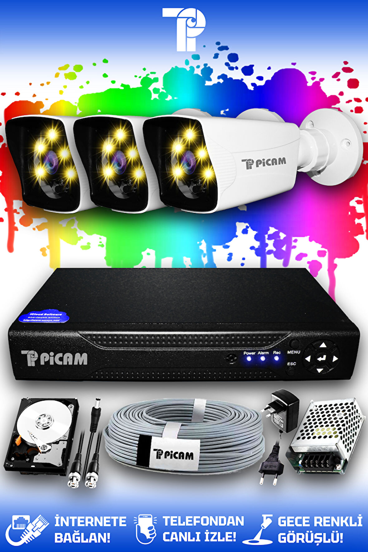 PICAM 3 Kameralı Kare 3 Dış Kamera Set 250 GB HDD Full HD Renkli Gece Görüşlü Güvenlik Kamerası Sistemi