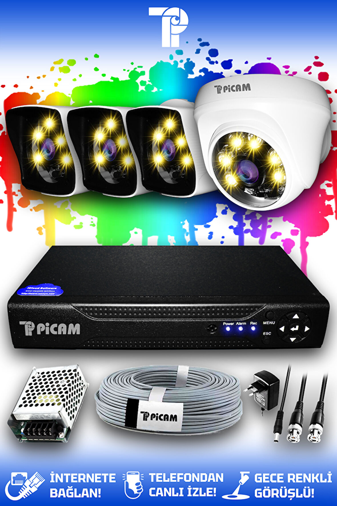 PICAM 4 Kameralı Kare 1 İç Kamera Set HDD'siz Full HD Renkli Gece Görüşlü Güvenlik Kamerası Sistemi