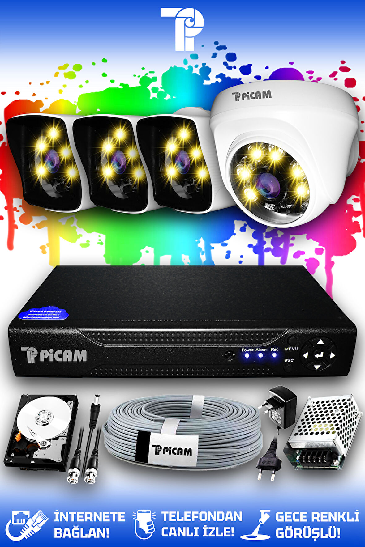 PICAM 4 Kameralı Kare 1 İç Kamera Set 100 GB HDD Full HD Renkli Gece Görüşlü Güvenlik Kamerası Sistemi