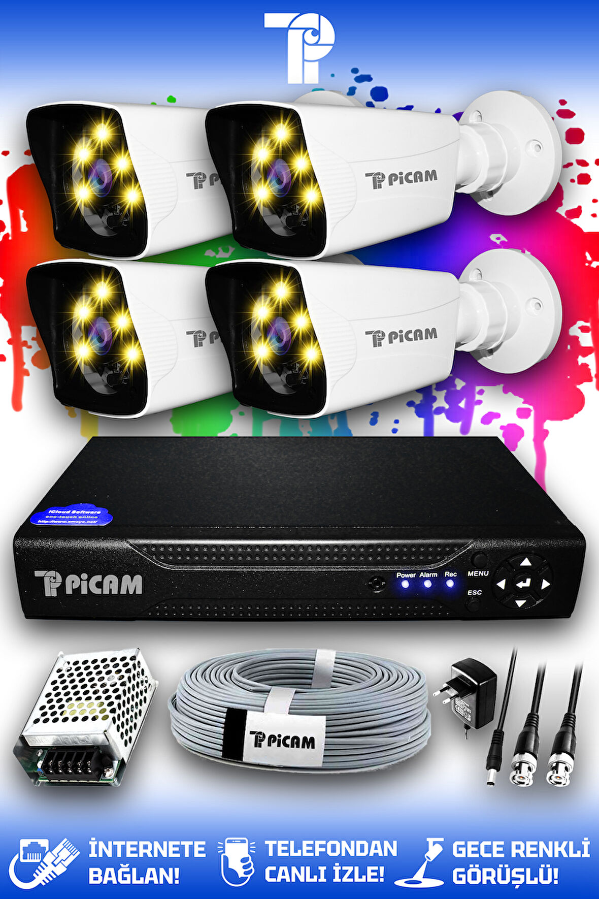 PICAM 4 Kameralı Kare 4 Dış Kamera Set HDD'siz Full HD Renkli Gece Görüşlü Güvenlik Kamerası Sistemi