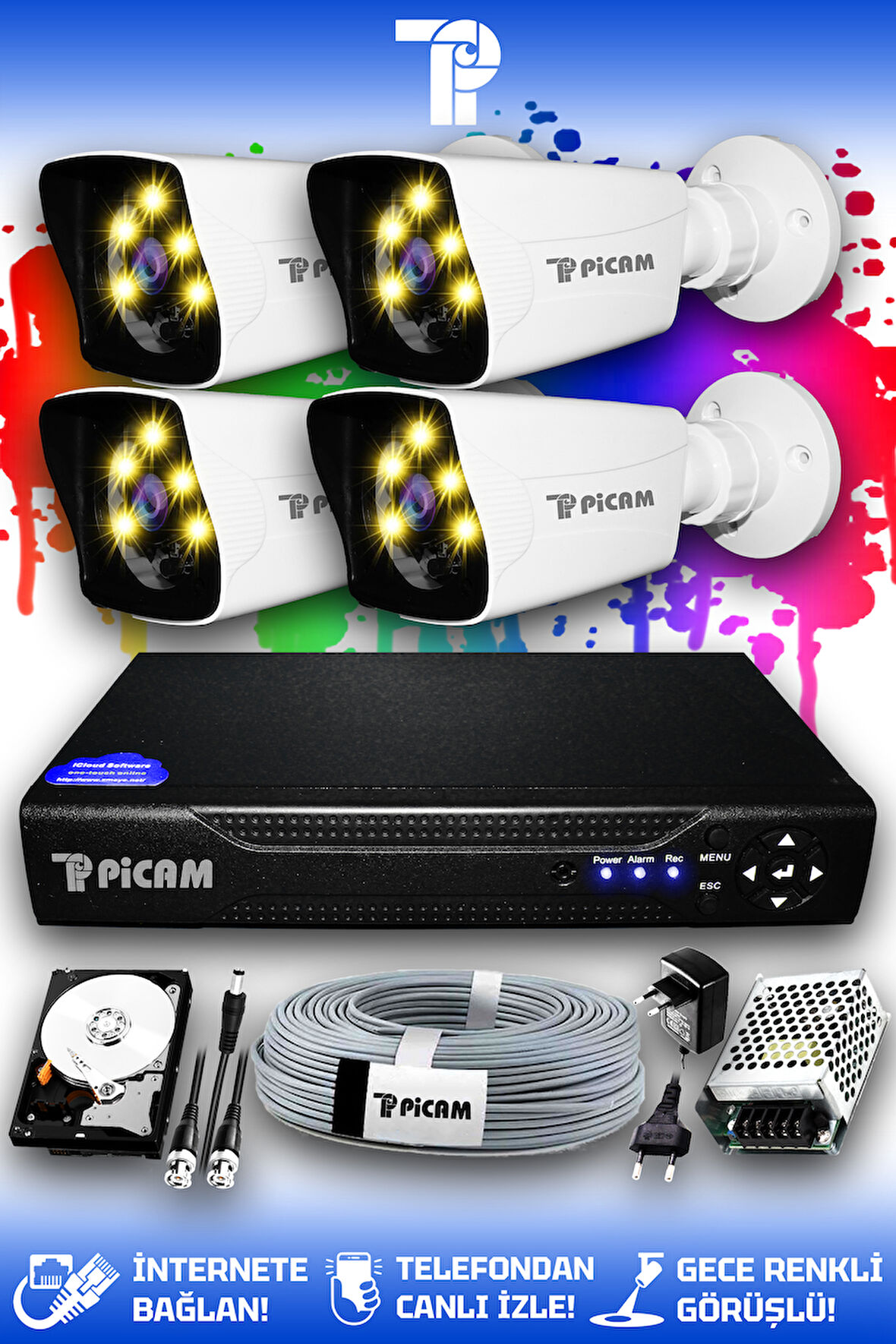 PICAM 4 Kameralı Kare 4 Dış Kamera Set 100 GB HDD Full HD Renkli Gece Görüşlü Güvenlik Kamerası Sistemi