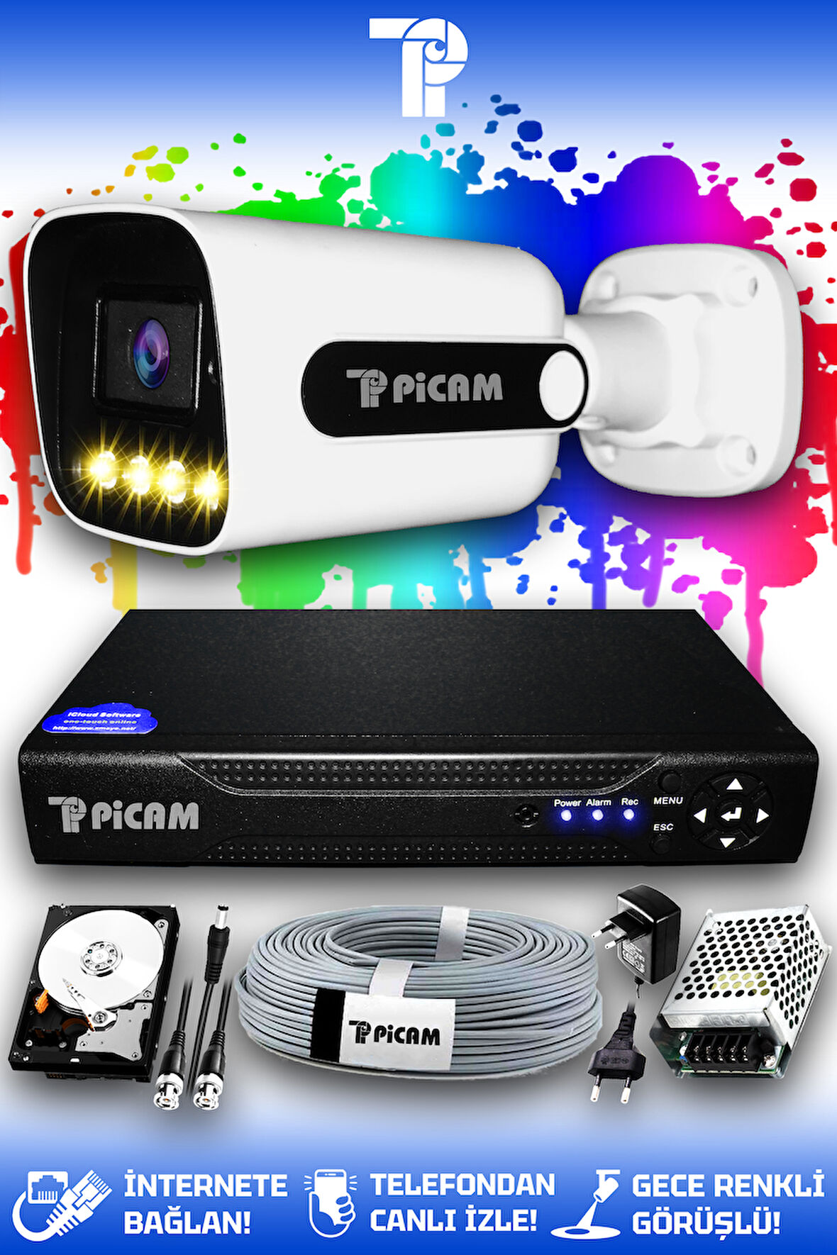 PICAM 1 Kameralı Zebra 1 Dış Kamera Set 320 GB HDD Full HD Renkli Gece Görüşlü Güvenlik Kamerası Sistemi