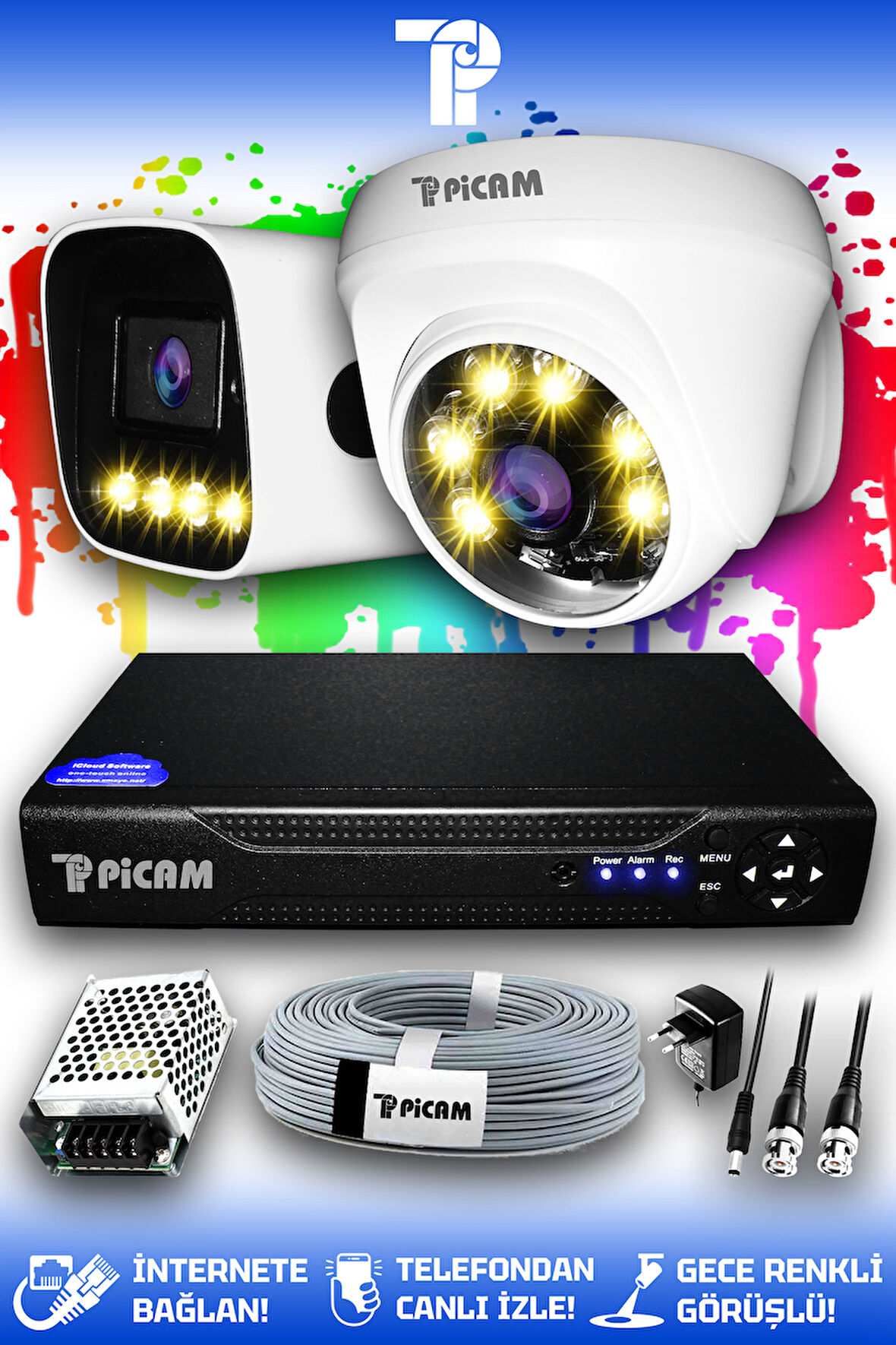 PICAM 2 Kameralı Zebra 1 İç Kamera Set HDD'siz Full HD Renkli Gece Görüşlü Güvenlik Kamerası Sistemi