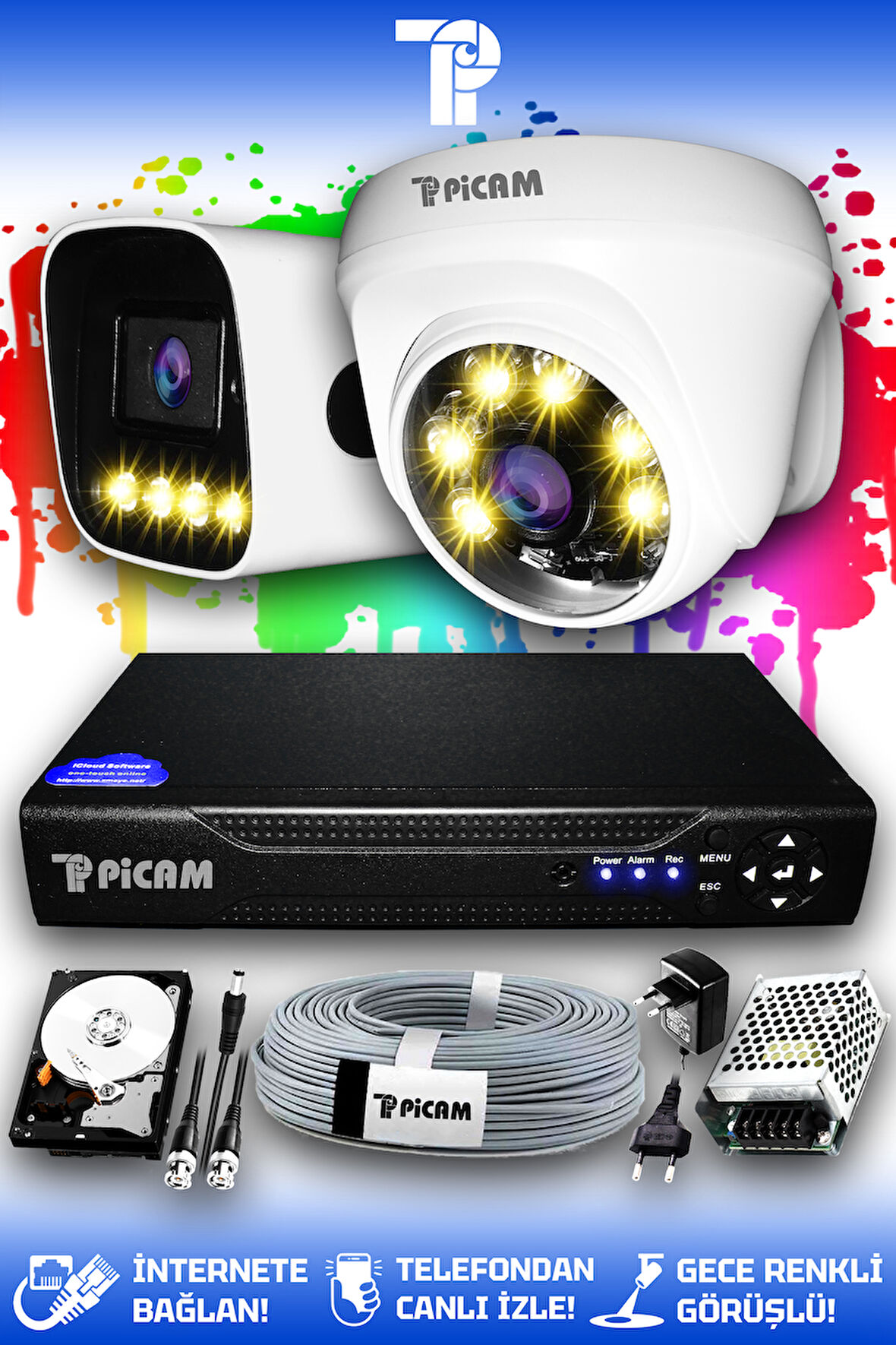 PICAM 2 Kameralı Zebra 1 İç Kamera Set 100 GB HDD Full HD Renkli Gece Görüşlü Güvenlik Kamerası Sistemi