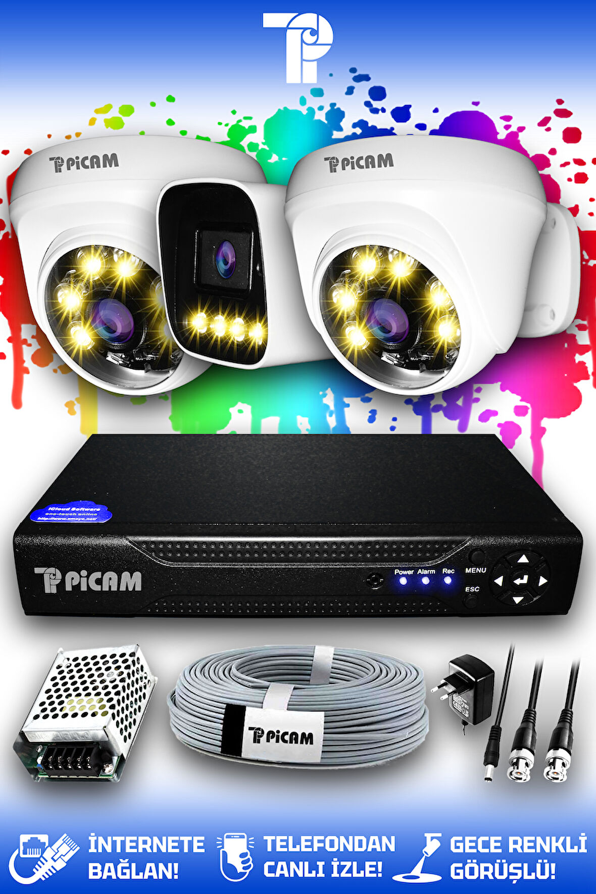 PICAM 3 Kameralı Zebra 2 İç Kamera Set HDD'siz Full HD Renkli Gece Görüşlü Güvenlik Kamerası Sistemi