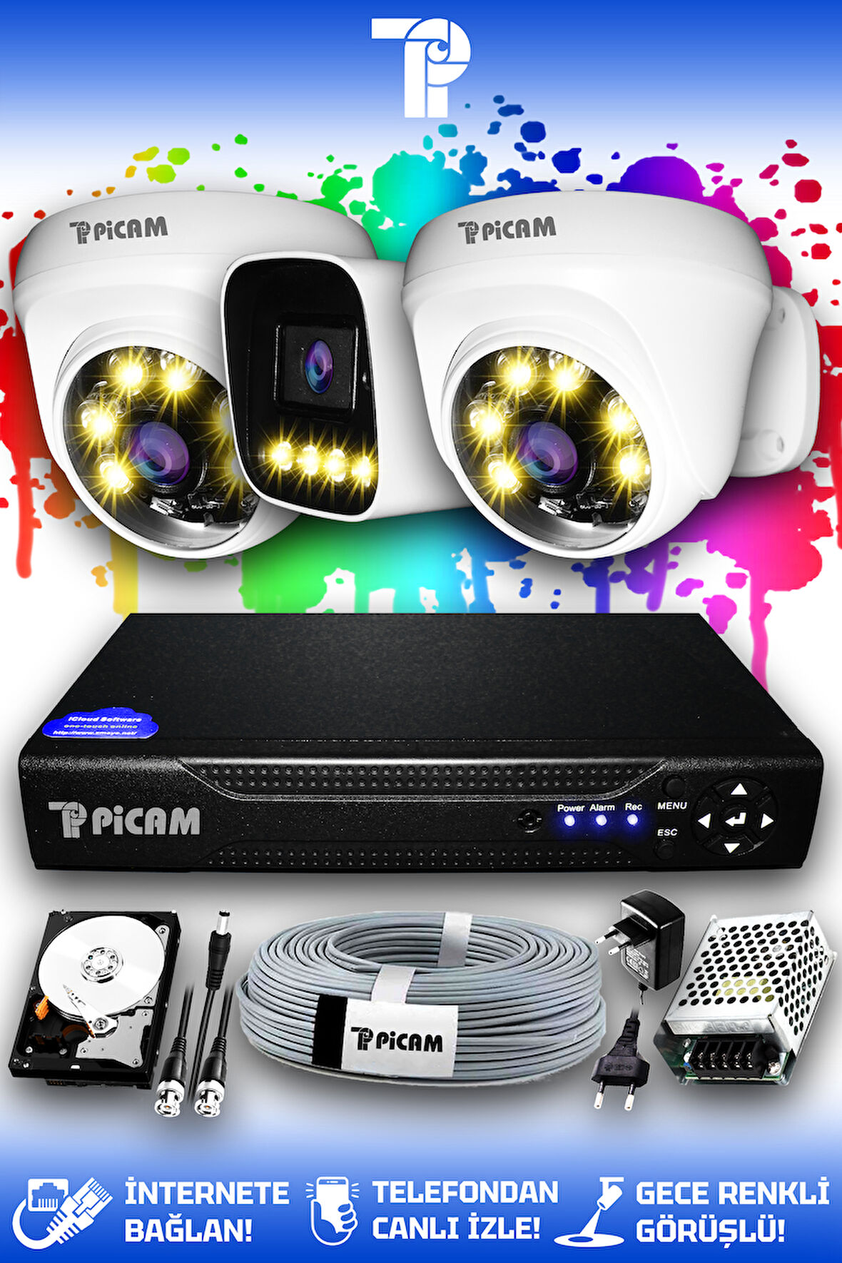 PICAM 3 Kameralı Zebra 2 İç Kamera Set 100 GB HDD Full HD Renkli Gece Görüşlü Güvenlik Kamerası Sistemi