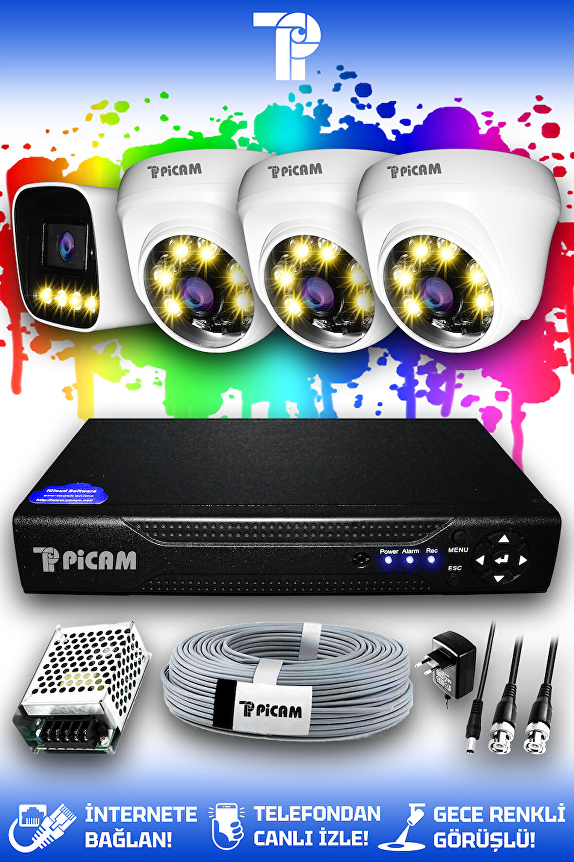 PICAM 4 Kameralı Zebra 3 İç Kamera Set HDD'siz Full HD Renkli Gece Görüşlü Güvenlik Kamerası Sistemi
