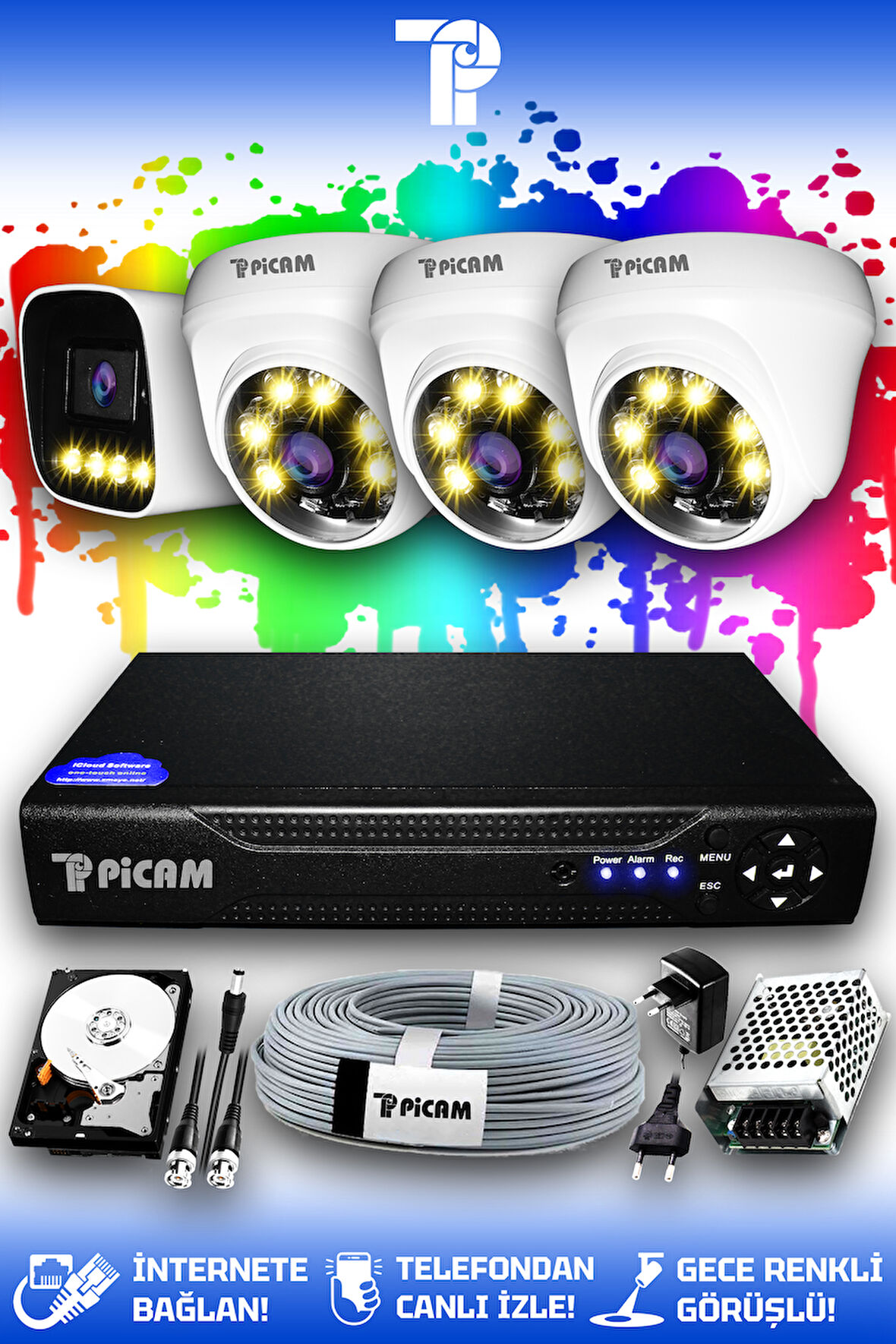 PICAM 4 Kameralı Zebra 3 İç Kamera Set 500 GB HDD Full HD Renkli Gece Görüşlü Güvenlik Kamerası Sistemi