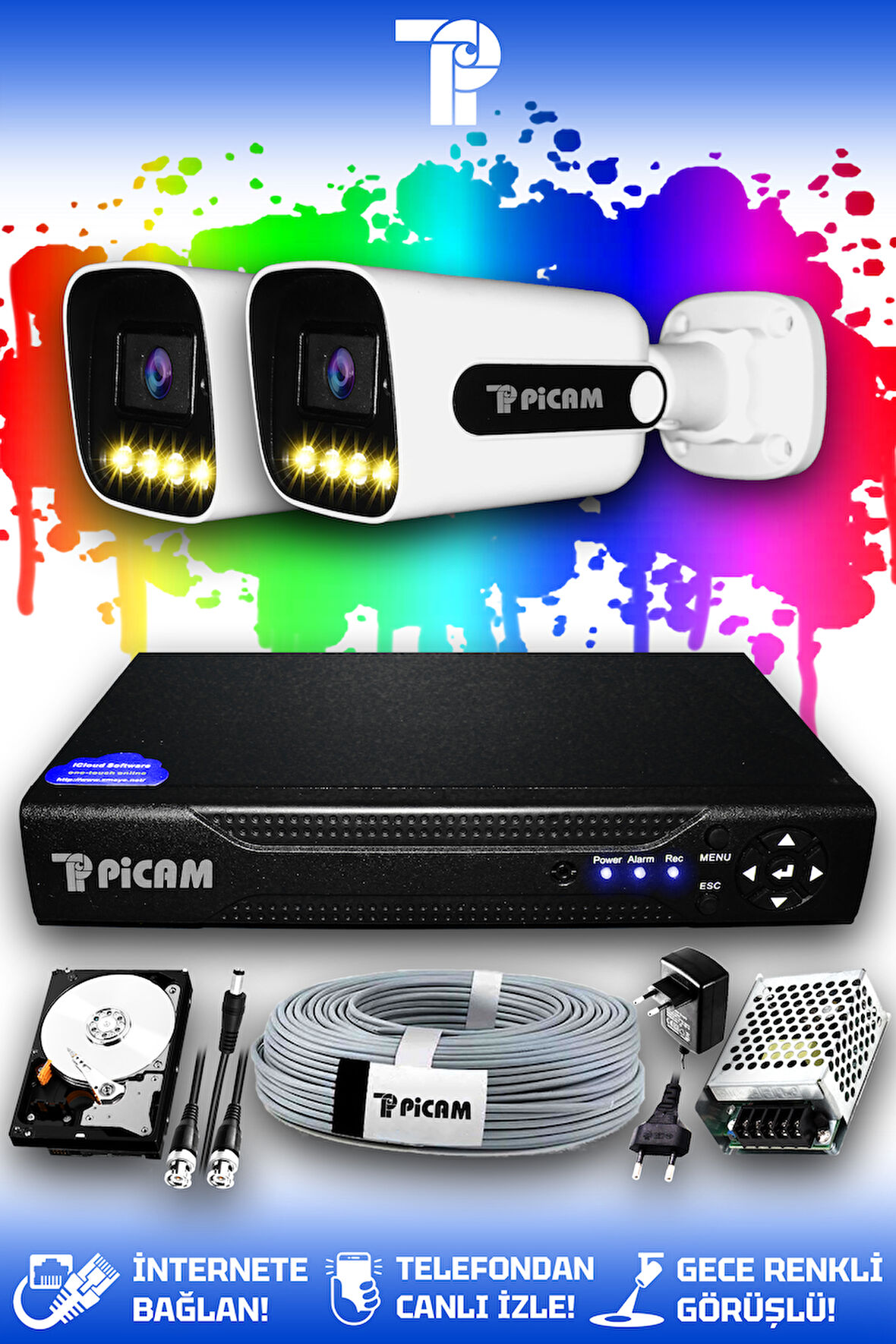 PICAM 2 Kameralı Zebra 2 Dış Kamera Set 100 GB HDD Full HD Renkli Gece Görüşlü Güvenlik Kamerası Sistemi