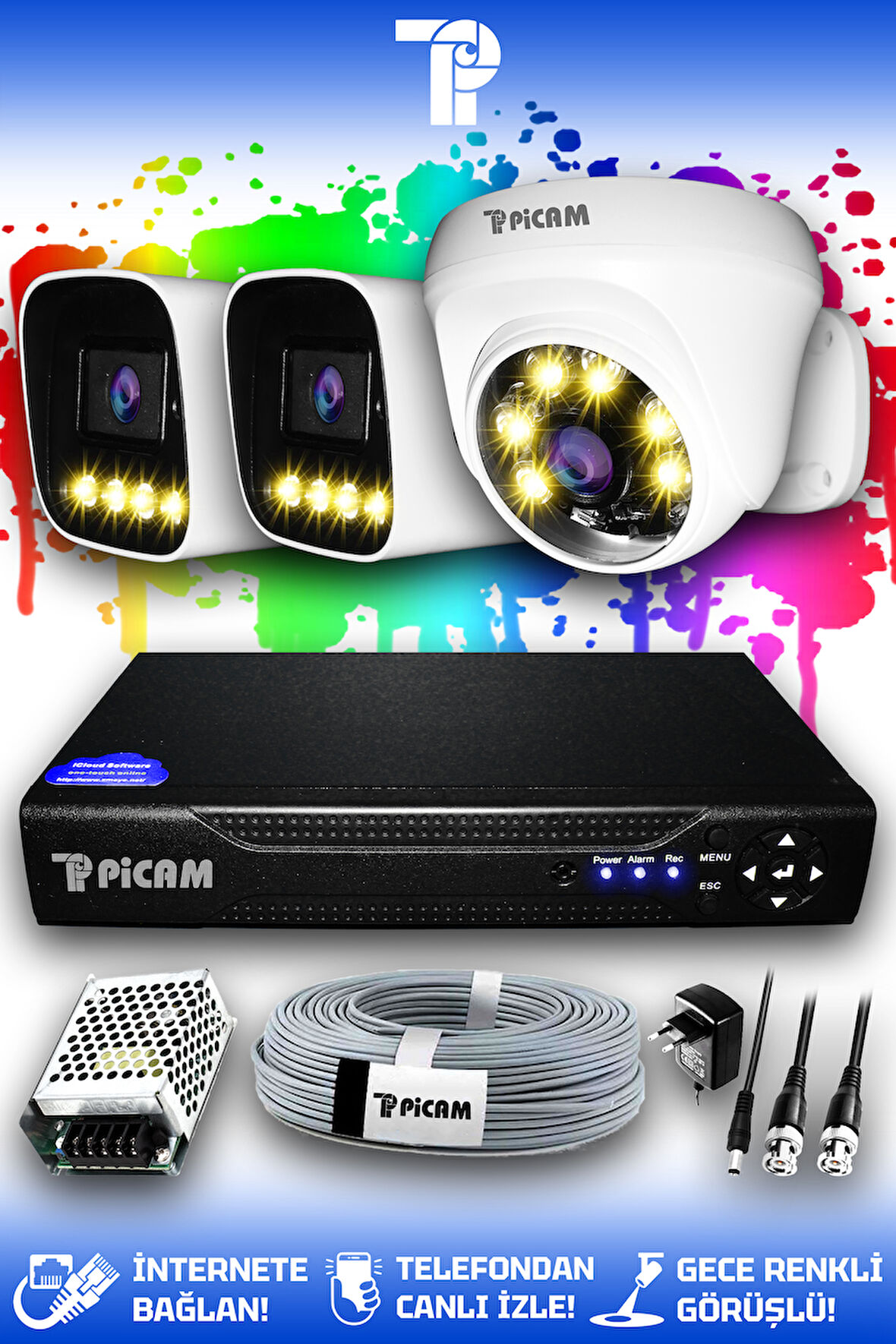 PICAM 3 Kameralı Zebra 1 İç Kamera Set HDD'siz Full HD Renkli Gece Görüşlü Güvenlik Kamerası Sistemi