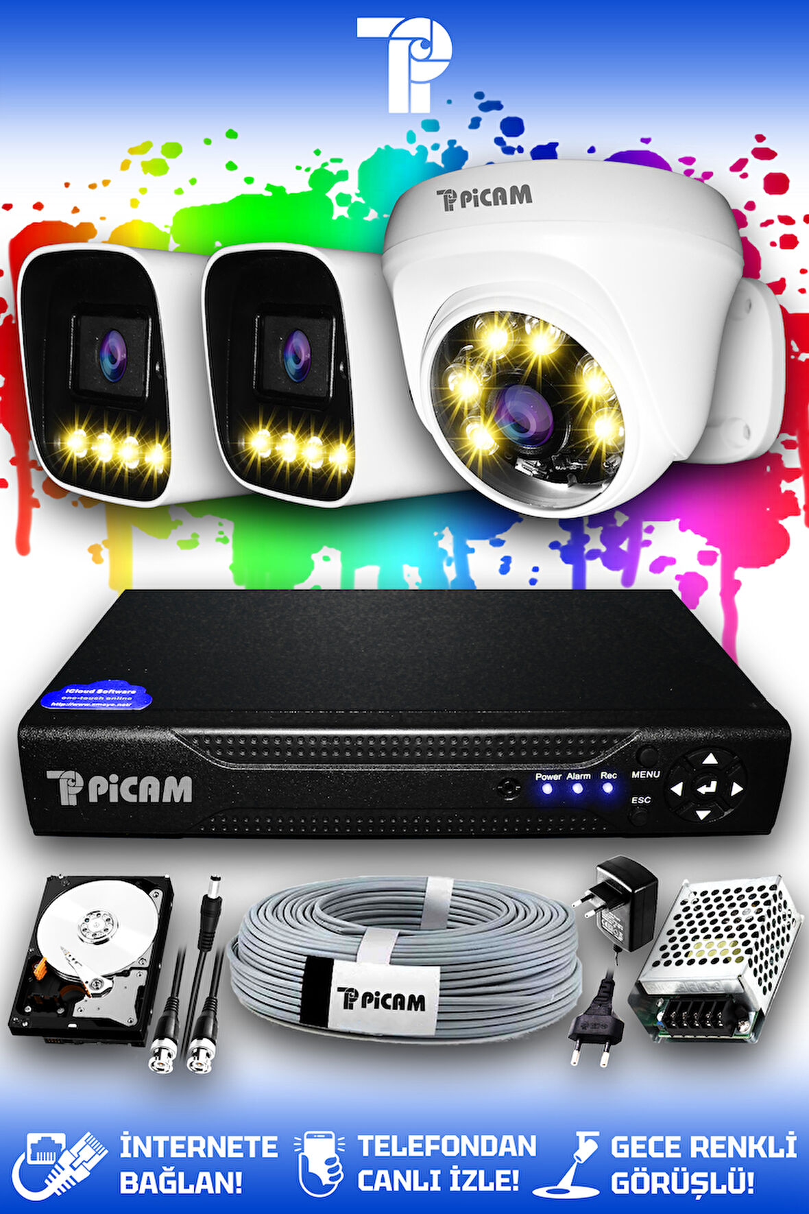 PICAM 3 Kameralı Zebra 1 İç Kamera Set 100 GB HDD Full HD Renkli Gece Görüşlü Güvenlik Kamerası Sistemi