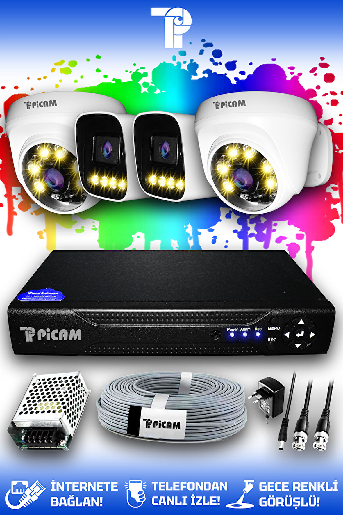 PICAM 4 Kameralı Zebra 2 İç Kamera Set HDD'siz Full HD Renkli Gece Görüşlü Güvenlik Kamerası Sistemi