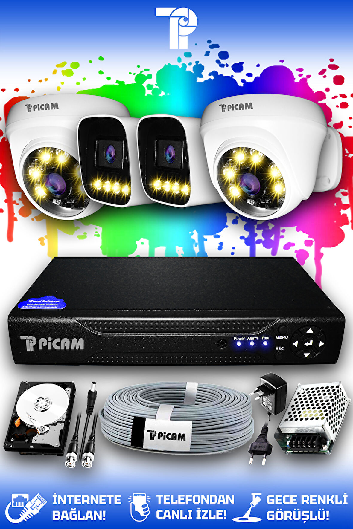 PICAM 4 Kameralı Zebra 2 İç Kamera Set 500 GB HDD Full HD Renkli Gece Görüşlü Güvenlik Kamerası Sistemi