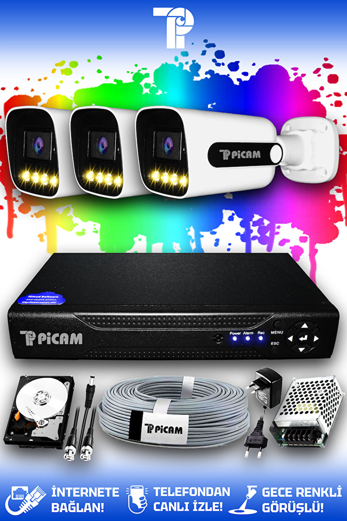 PICAM 3 Kameralı Zebra 3 Dış Kamera Set 250 GB HDD Full HD Renkli Gece Görüşlü Güvenlik Kamerası Sistemi